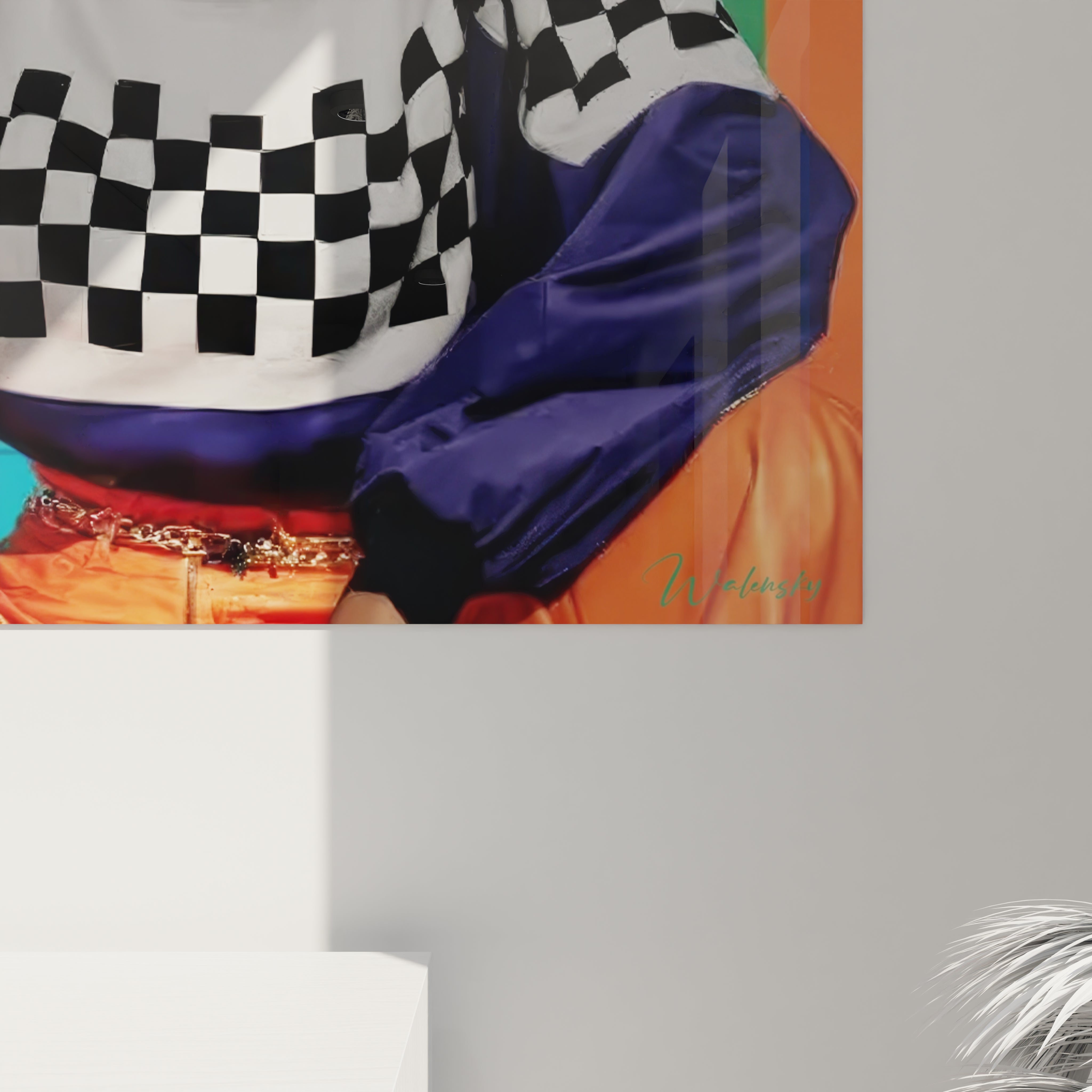 Tableau pop art urbain de Walensky avec des couleurs vives et un style moderne sur un mur.