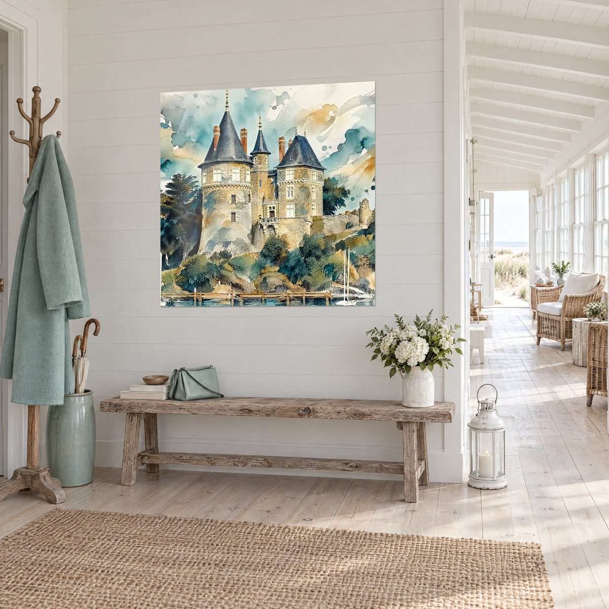 Tableau manoir aux toits pointus bleu-gris et cheminées rouges, aquarelle sur ciel turquoise, dans une maison de bord de mer