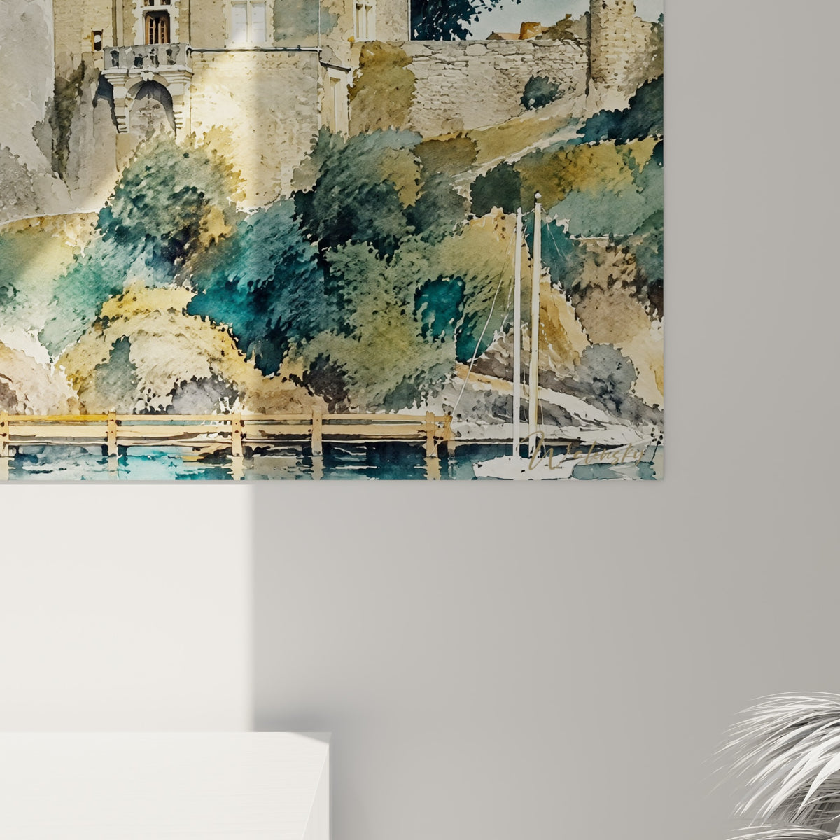 Détail des tourelles coniques et des coulures bleu pastel et ocre, texture aquarelle visible sur la toile accrochée