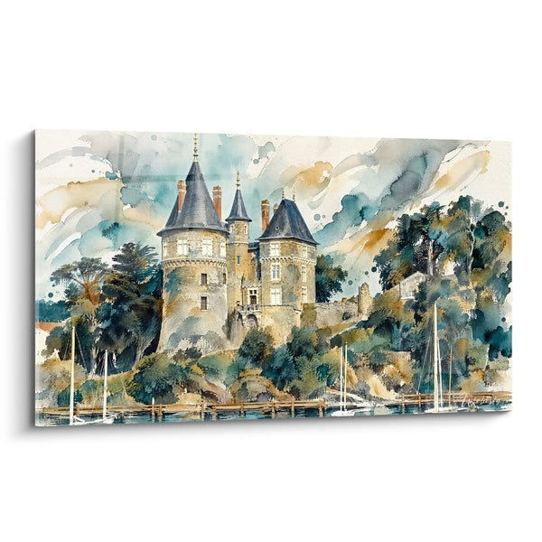 Tableau Tourelles coniques beige et bleu sur falaise boisée - Mâts de voiliers - Edition Pornic Pays de la Loire France