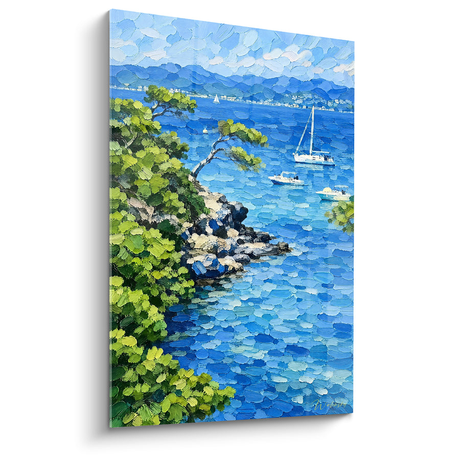 Painting Rocky Blue and Green Point with Anchored Boats - Distant Mountain Coast - Ile de Porquerolles Provence-Alpes-Cote d’Azur France Edition