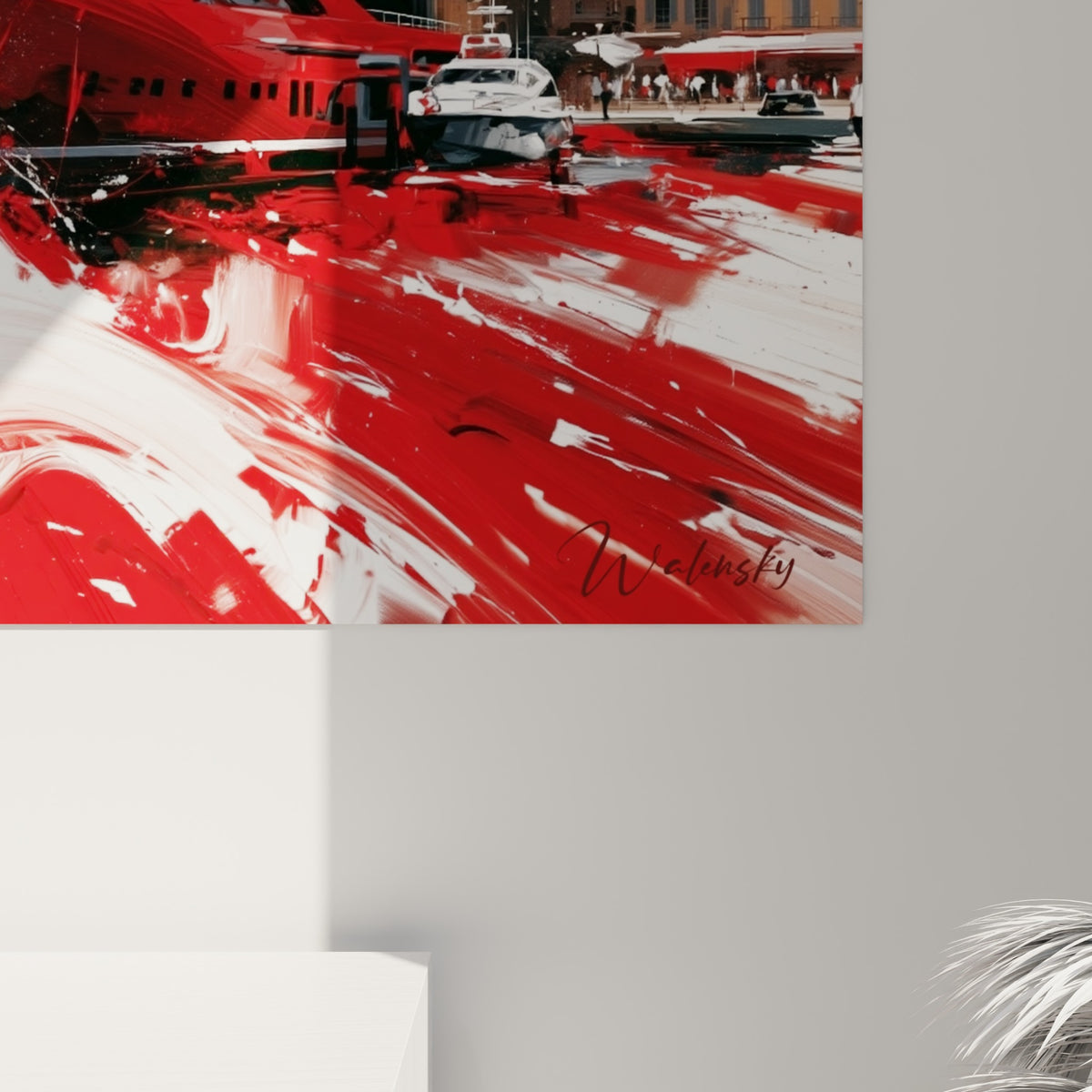 Empâtements rouges et gris s'entrechoquant sur la coque, détail du tableau Port de Saint-Tropez montrant la matière peinte