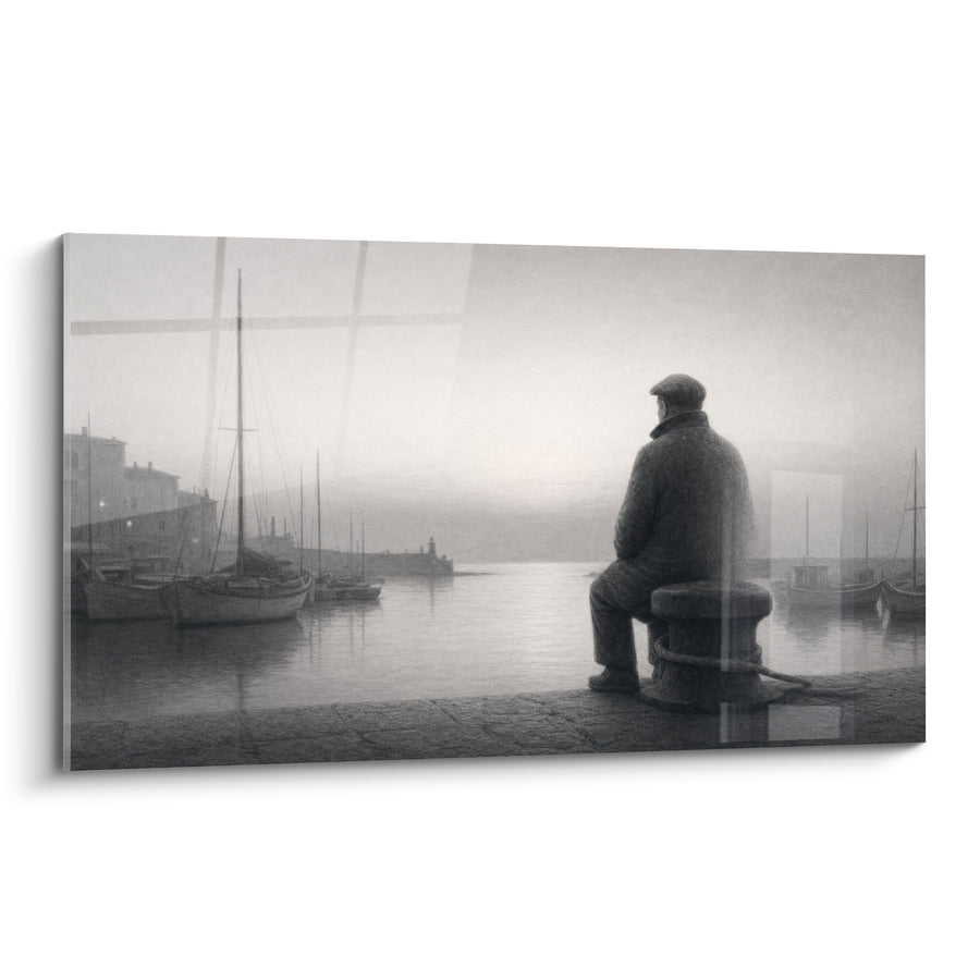 Tableau Marin gris et blanc assis sur bitte - Attente silencieuse - Edition Port de Saint-Tropez