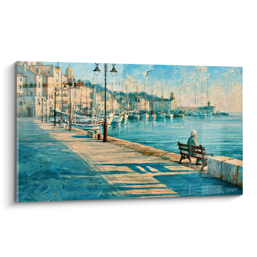 Tableau Quai bleu turquoise et sable avec banc - Instant de quiétude - Edition Port de Saint-Tropez
