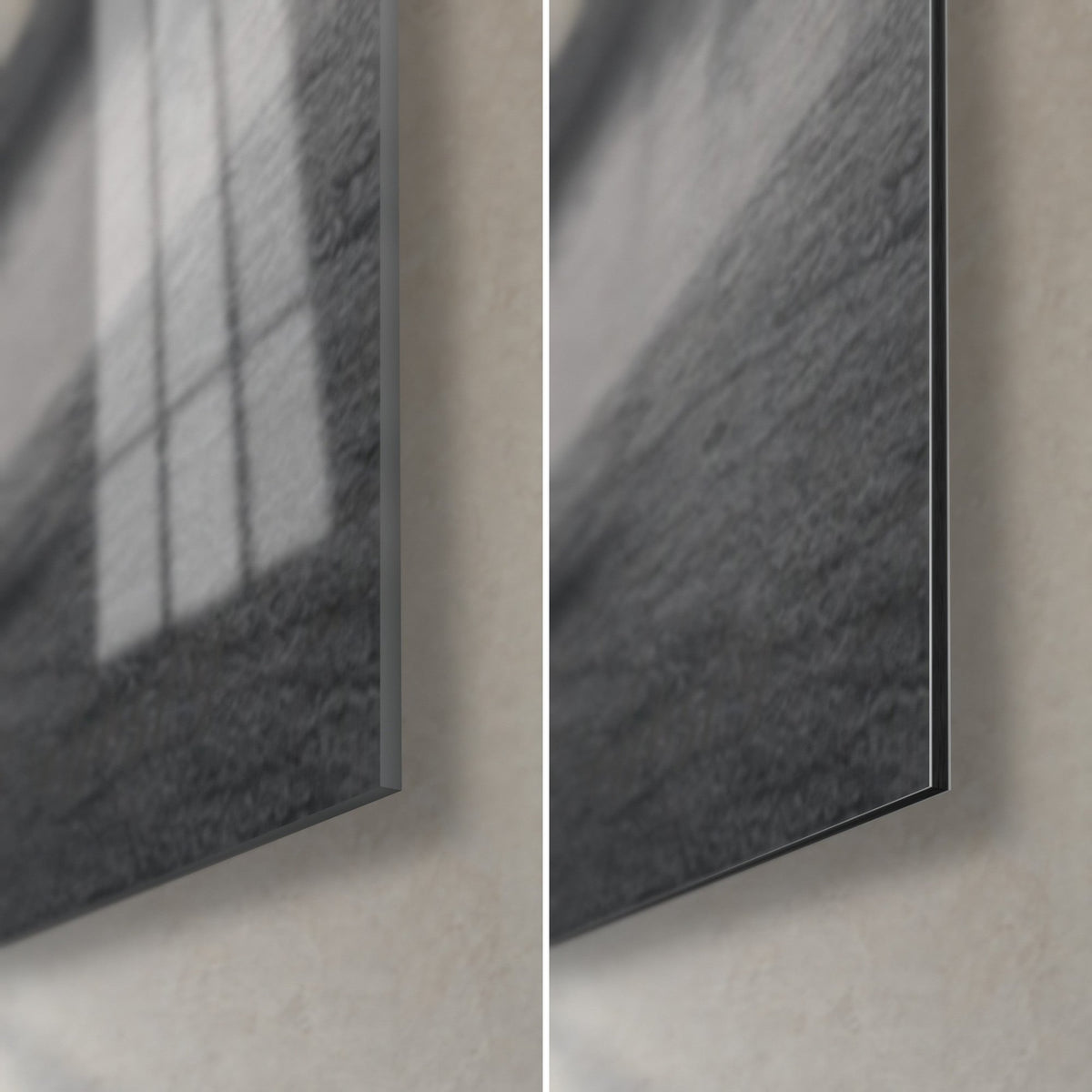 Tableau marin assis sur bitte, coin bas droit : verre acrylique brillant aux reflets à gauche, alu Dibond gris mat à droite, tranche de 3 mm