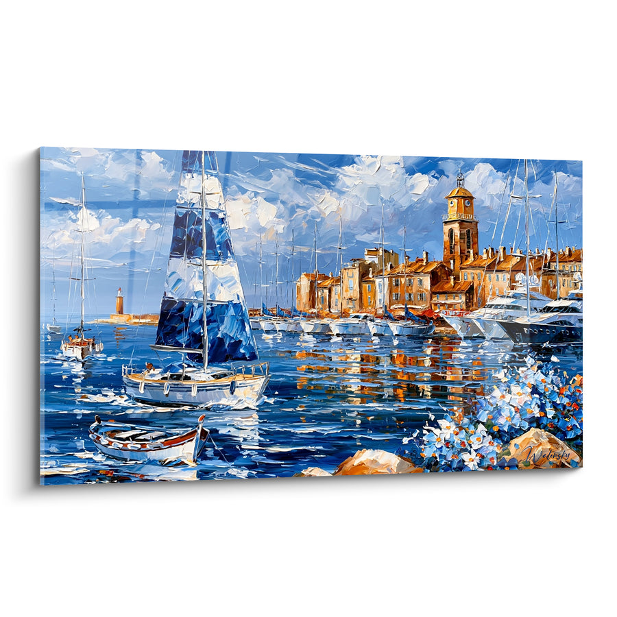 Tableau Voilier bleu et blanc au port - Escale ensoleillée - Edition Port de Saint-Tropez
