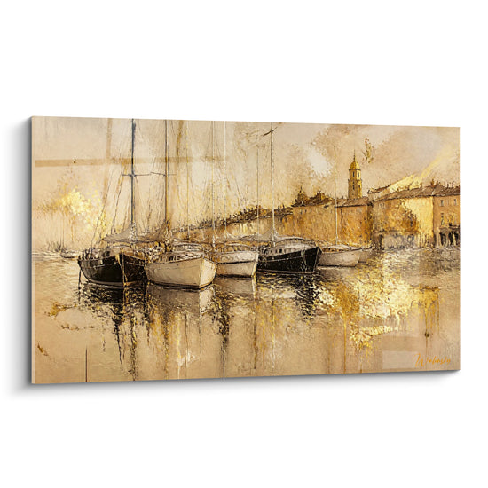 Tableau Voiliers dorés amarrés au clocher ocre - Quiétude portuaire - Edition Port de Saint-Tropez