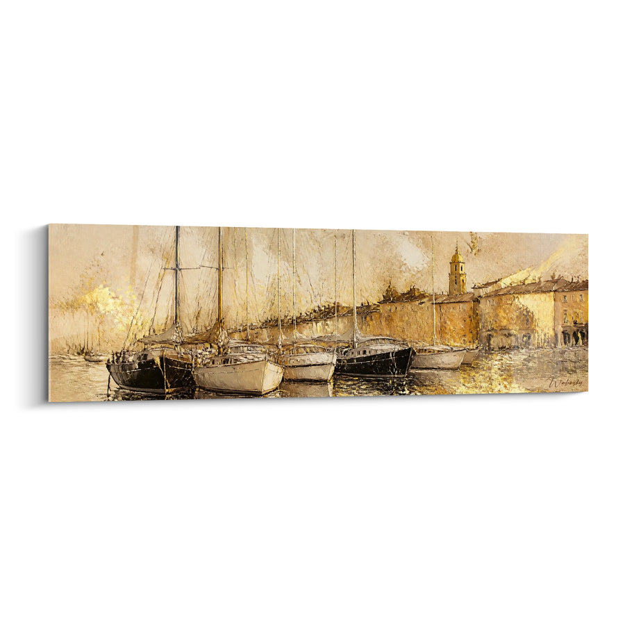 Tableau Voiliers dorés amarrés au quai - Répit doré au crépuscule - Edition Port de Saint-Tropez