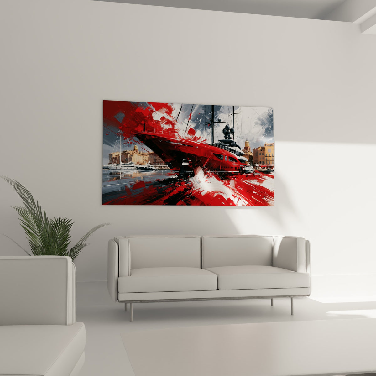 Embarcation rouge et blanche stylisée, tableau Port de Saint-Tropez au-dessus d'un canapé dans un salon lumineux