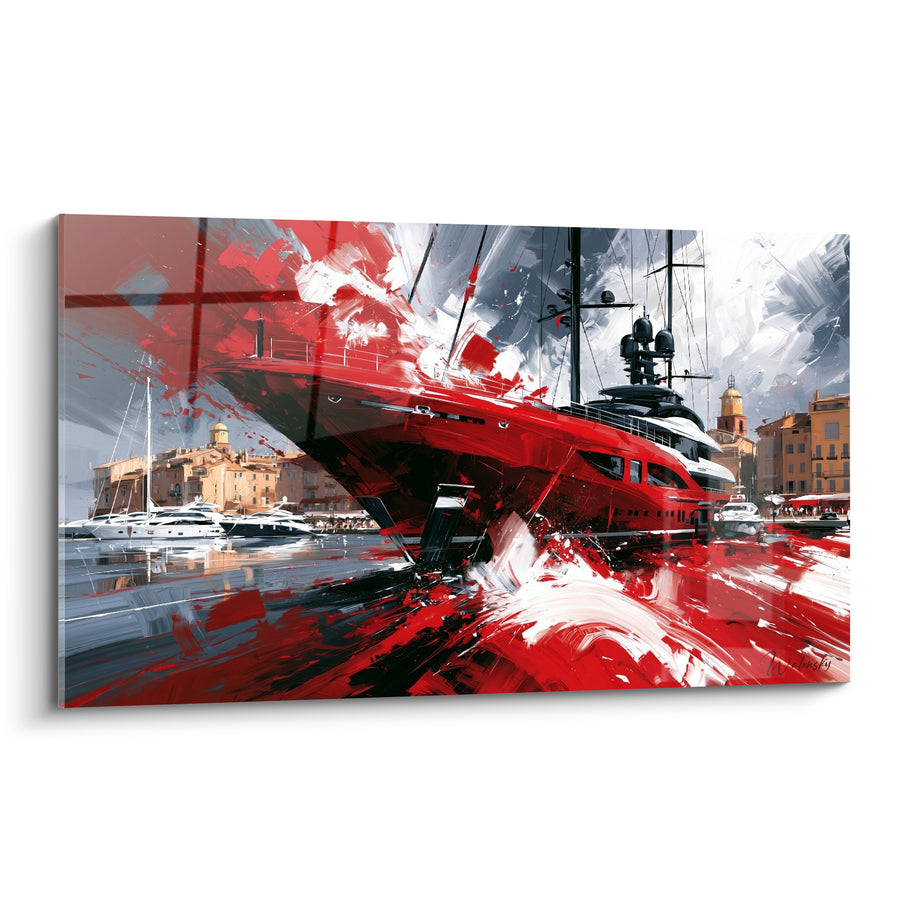 Tableau Yacht rouge et noir aux éclaboussures blanches - Fureur maritime - Edition Port de Saint-Tropez
