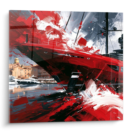 Tableau Yacht rouge et noir aux façades ocre - Éclaboussure marine - Edition Port de Saint-Tropez