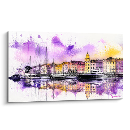 Tableau Yachts violets et façades dorées - Rêverie côtière - Edition Port de Saint-Tropez