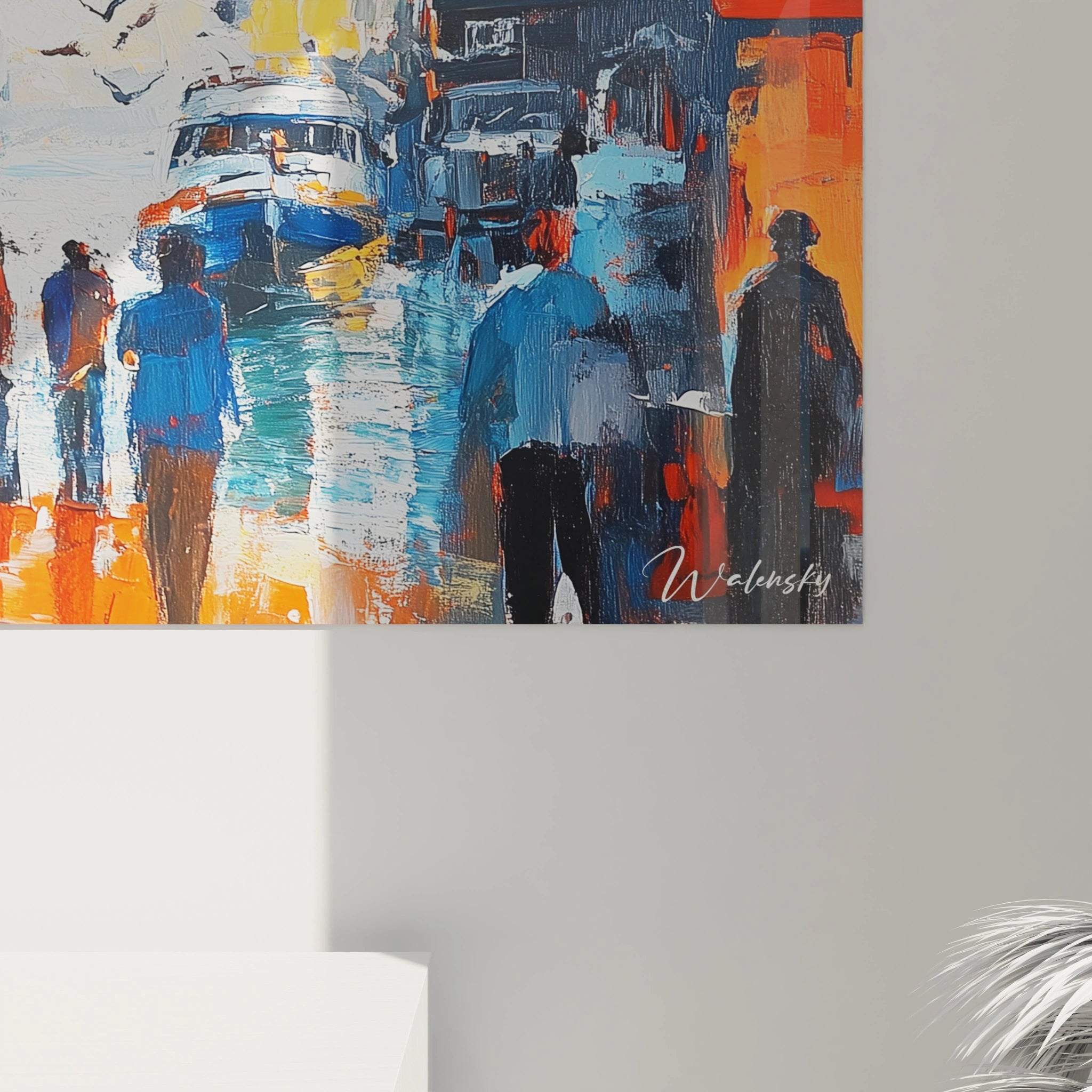 Tableau France par Walensky représentant un port animé avec des silhouettes colorées et des bateaux