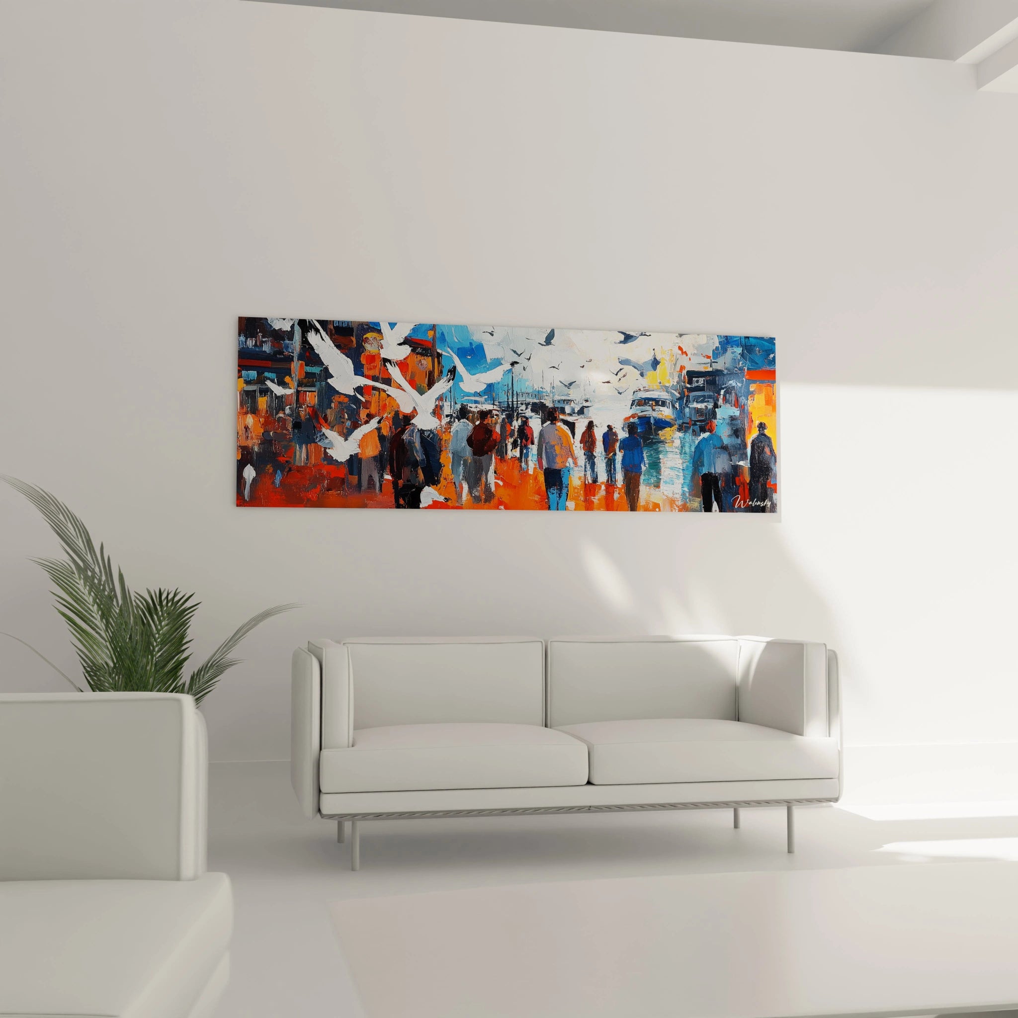 Tableau France Walensky moderne coloré représentant des silhouettes et oiseaux blancs dans un intérieur minimaliste