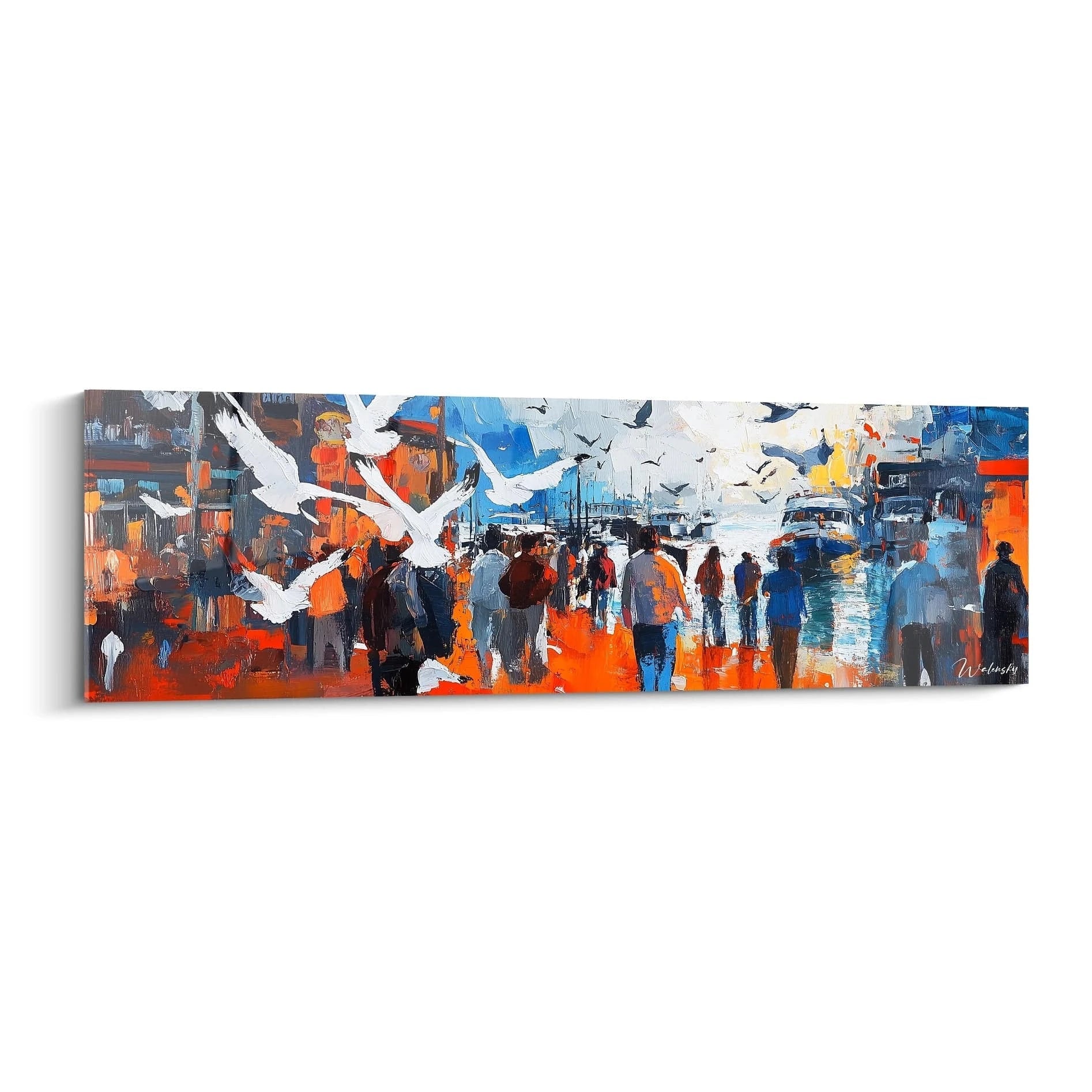Tableau Walensky scène urbaine avec passants et oiseaux blancs sur fond coloré