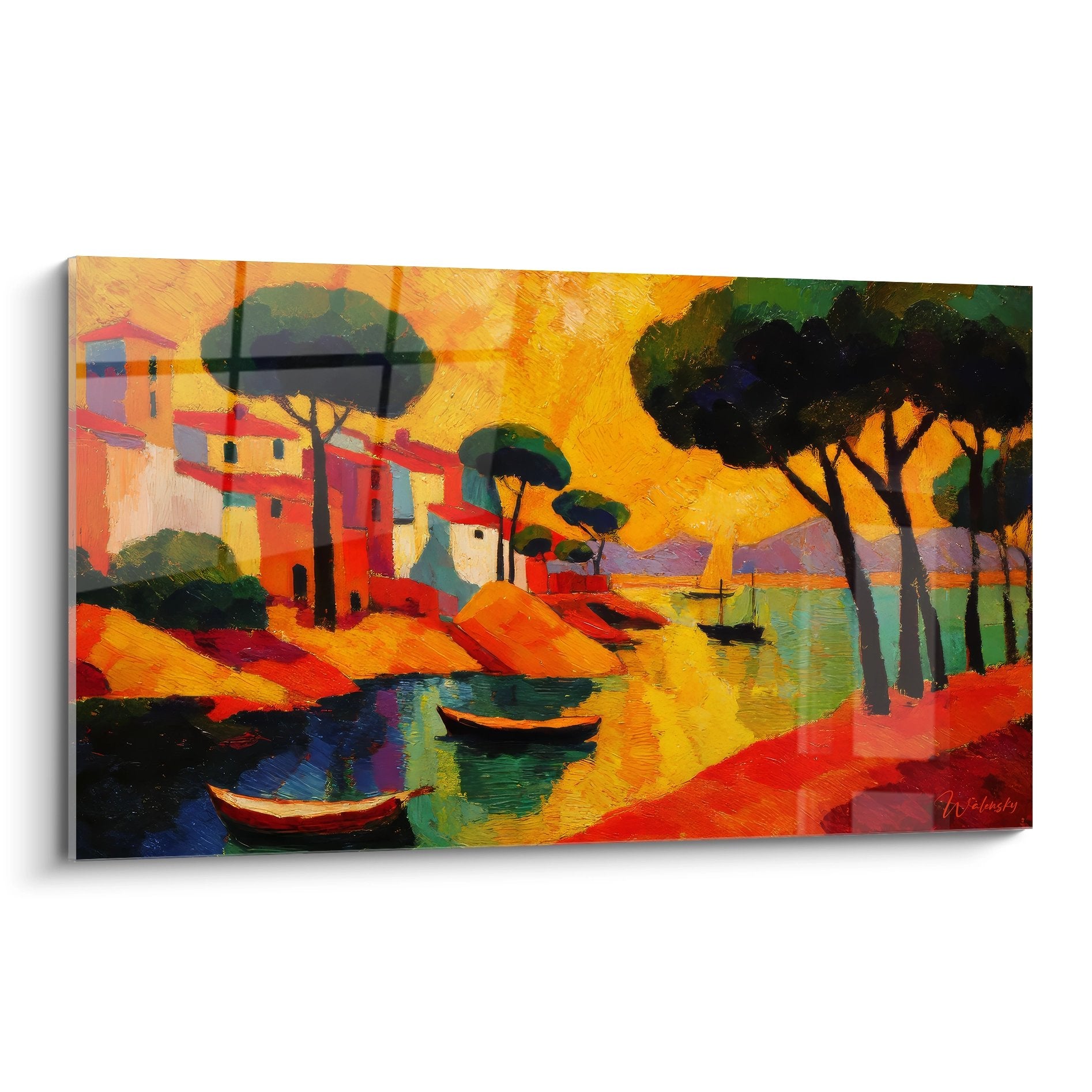 Tableau port méditerranéen coloré avec village côtier, bateaux et pins parasols aux couleurs vives