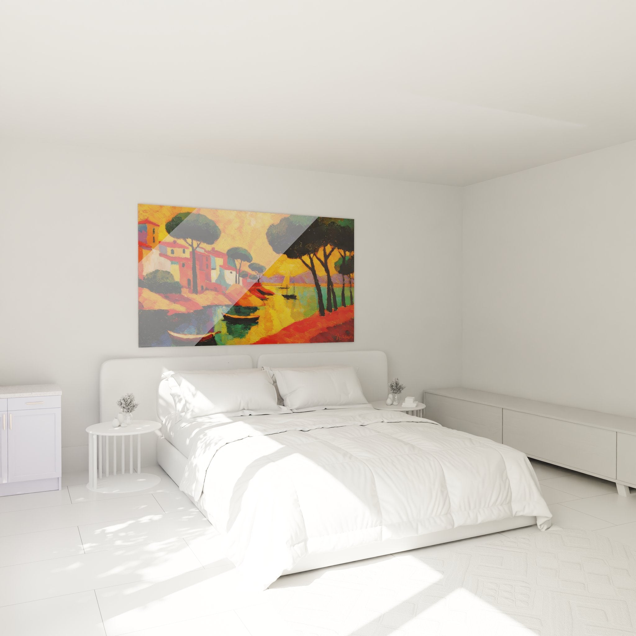 Tableau mural port méditerranéen décorant une chambre avec ses couleurs chaudes et apaisantes