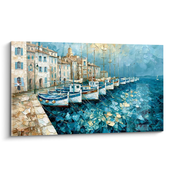 Tableau Barques bleues et façades ocre au quai - Quiétude matinale - Edition Port de Saint-Tropez