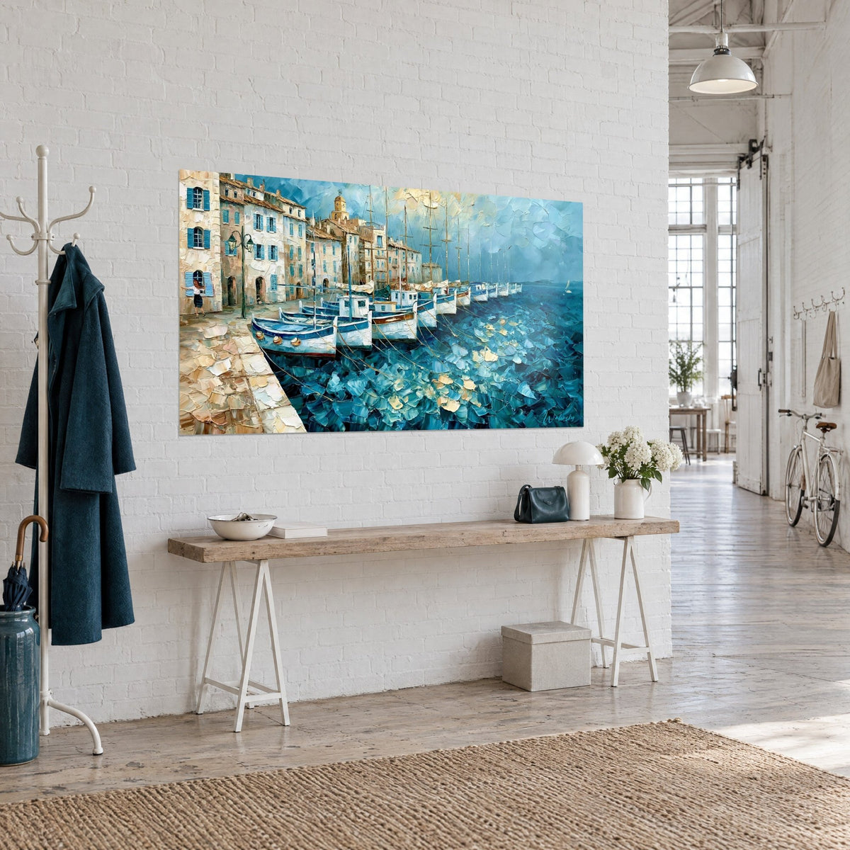 Quadro velieri ormeggiati alla banchina, scafi bianchi e acqua turchese a pasta spessa, vista di tre quarti in un loft d'artista