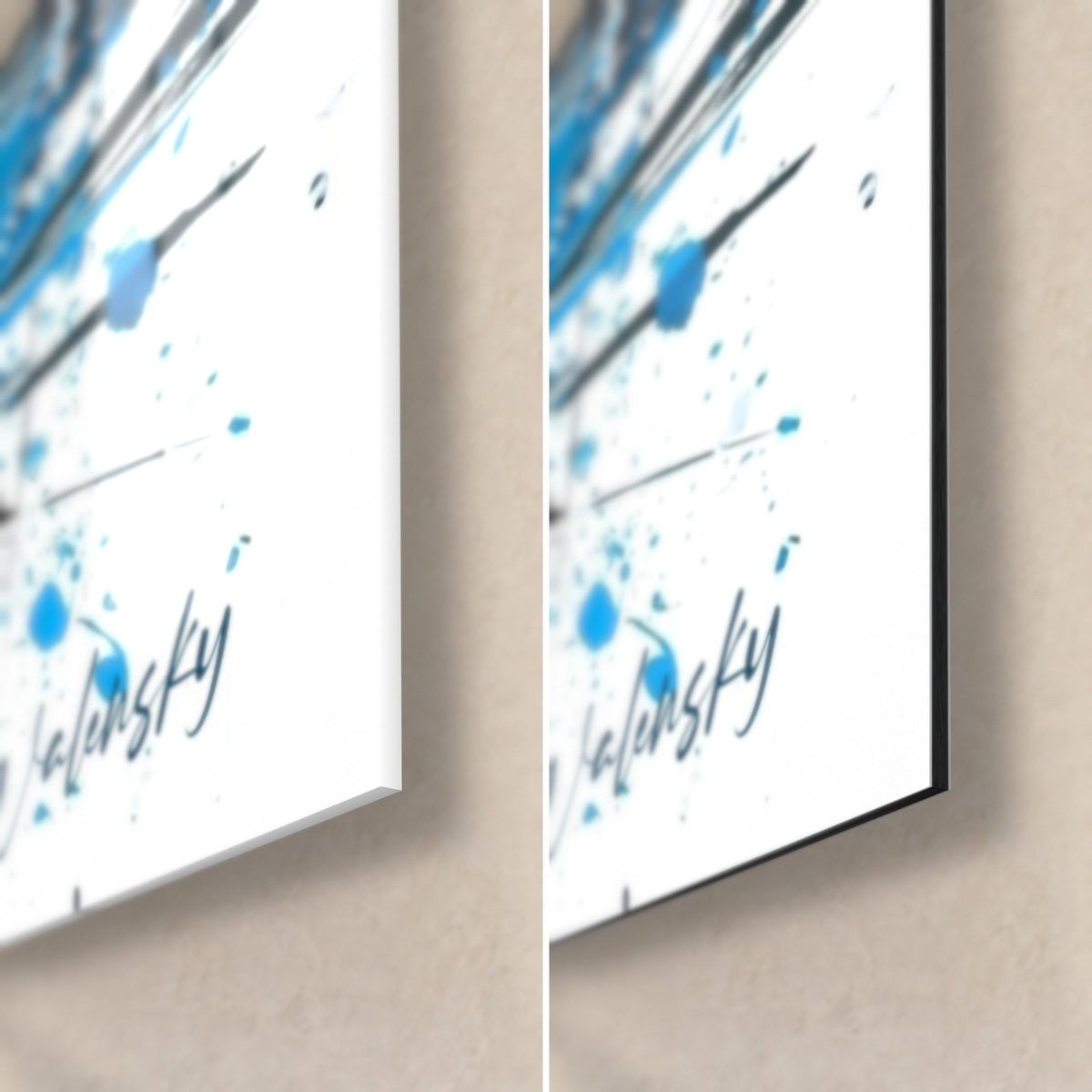 Tableau yacht blanc, coin bas droit : éclaboussures bleues sur verre acrylique brillant et alu Dibond mat noir, tranche de 3 mm