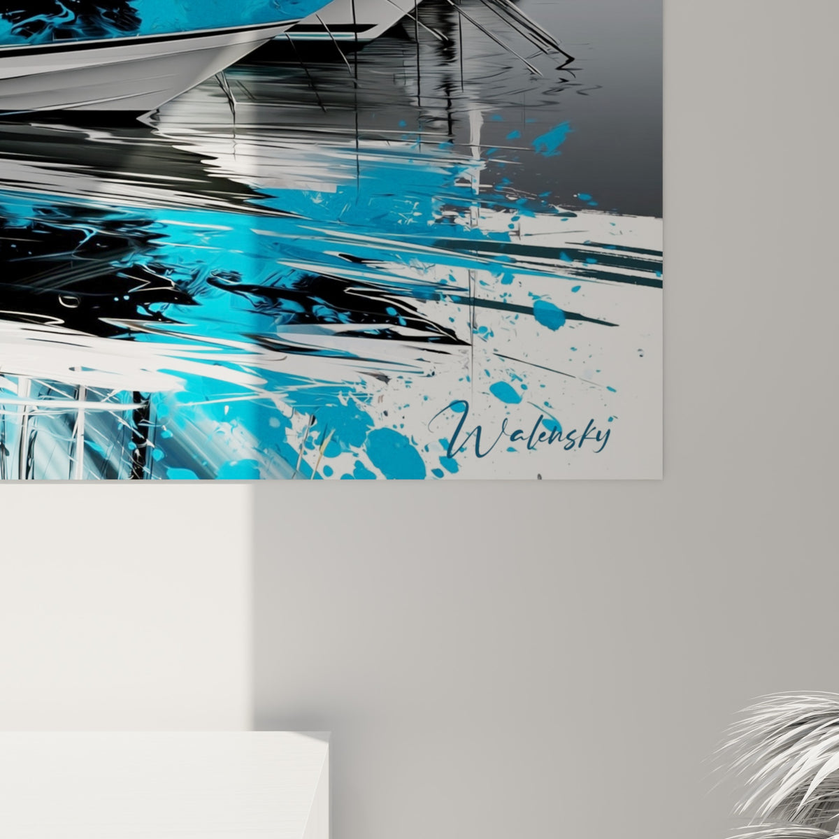 Empâtements rouge et bleu électrique se mêlant sur la coque blanche, matière éclatée façon peinture projetée