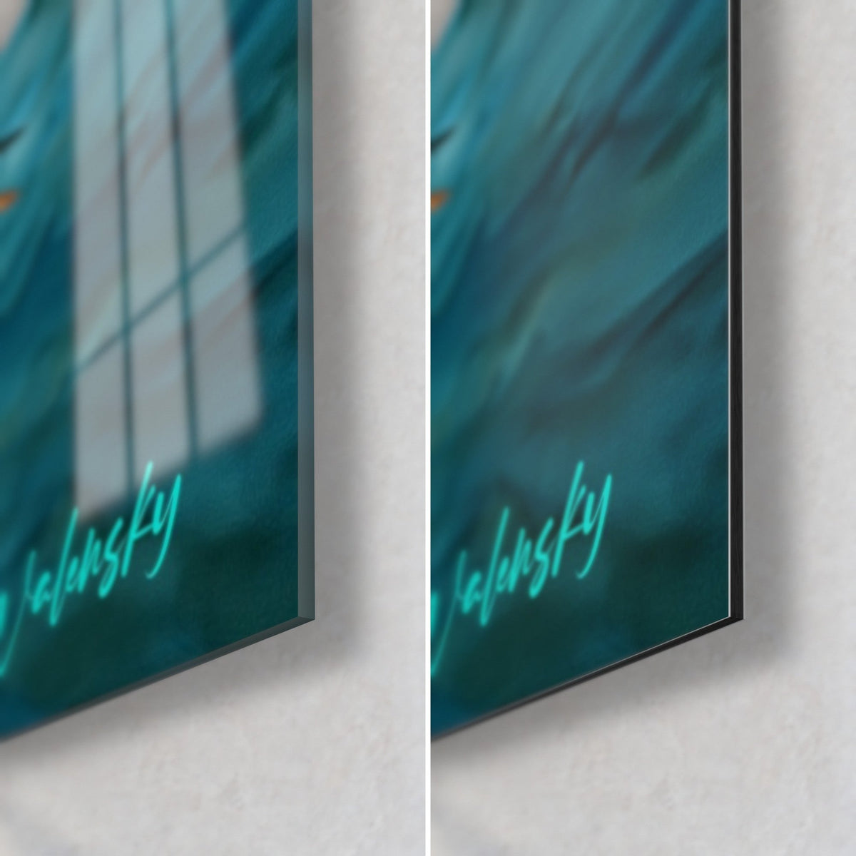 Tableau oiseau marin aux plumes turquoise et blanches, coin bas droit, verre acrylique brillant à gauche, Dibond noir mat à droite