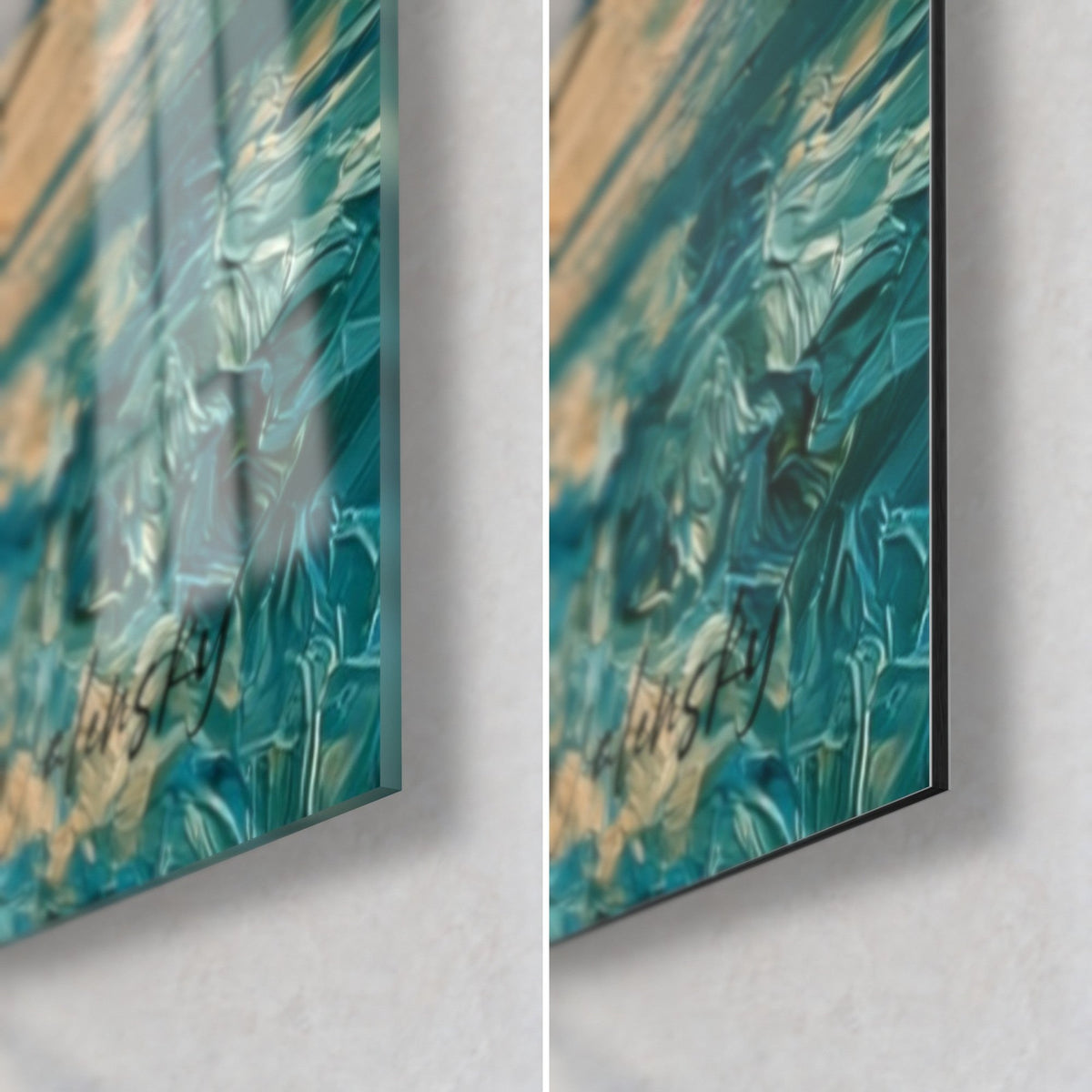 Tableau promeneur assis sur un banc face au port, coin bas droit : verre acrylique brillant à gauche, alu Dibond mat bleu et ocre à droite