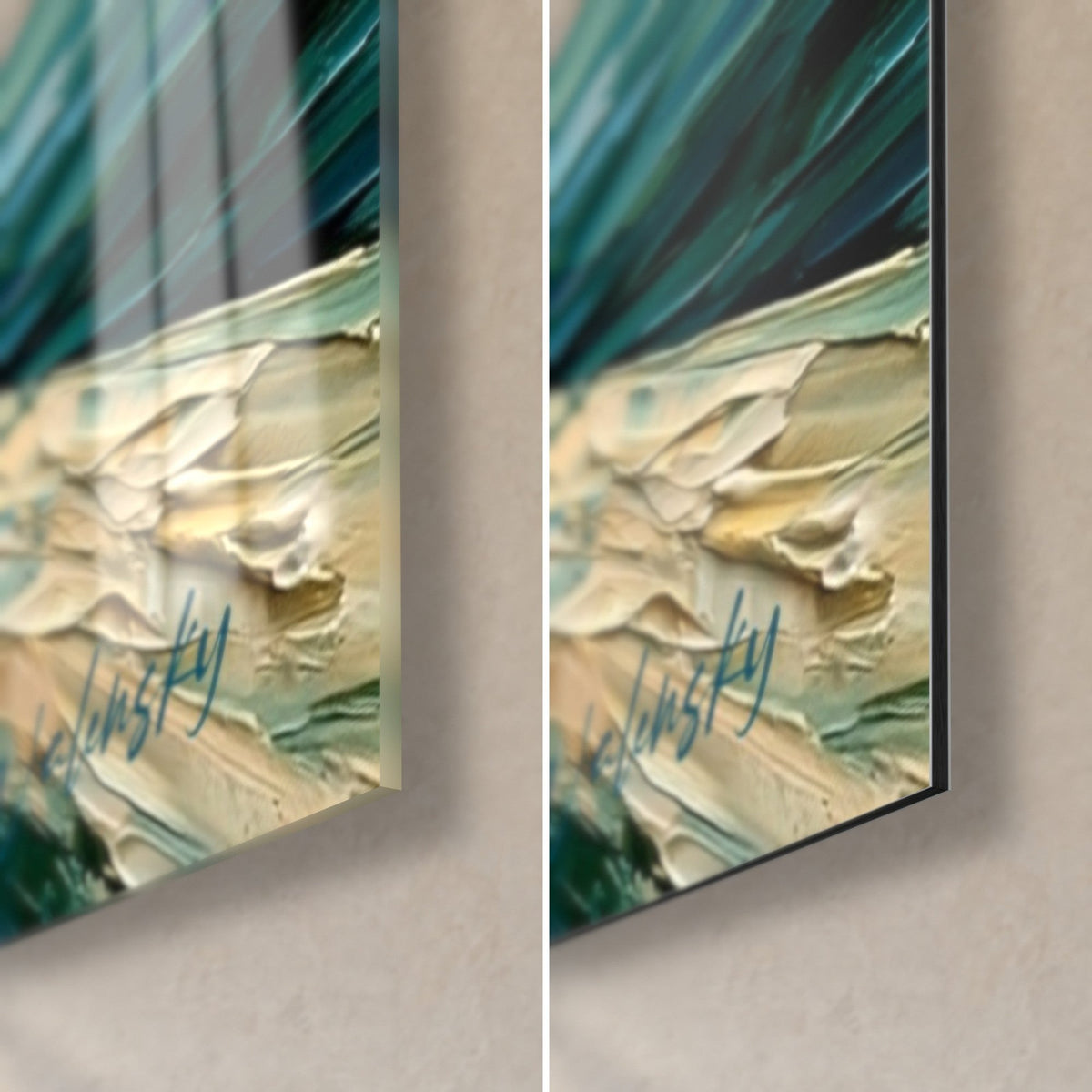 Gemälde Blütenzweige in Gletscherblau und Elfenbein, untere rechte Ecke aus glänzendem Glas und mattem Dibond, 3 mm sichtbare Kante