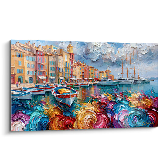 Tableau Port ocre et vagues tourbillonnantes colorées - Tourbillon méditerranéen - Edition Port de Saint-Tropez