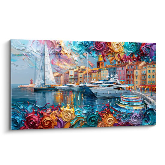 Tableau Port yachts et voilier aux tourbillons multicolores - Éclat méditerranéen - Edition Port de Saint-Tropez