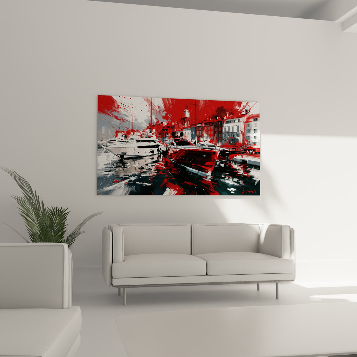 Voiliers blancs et bateau rouge du Port de Saint-Tropez, ciel éclaboussé, au-dessus d'un canapé dans un salon lumineux