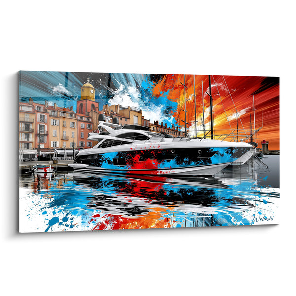 Tableau Yacht blanc aux éclaboussures rouges et bleues - Éclats de côte - Edition Port de Saint-Tropez
