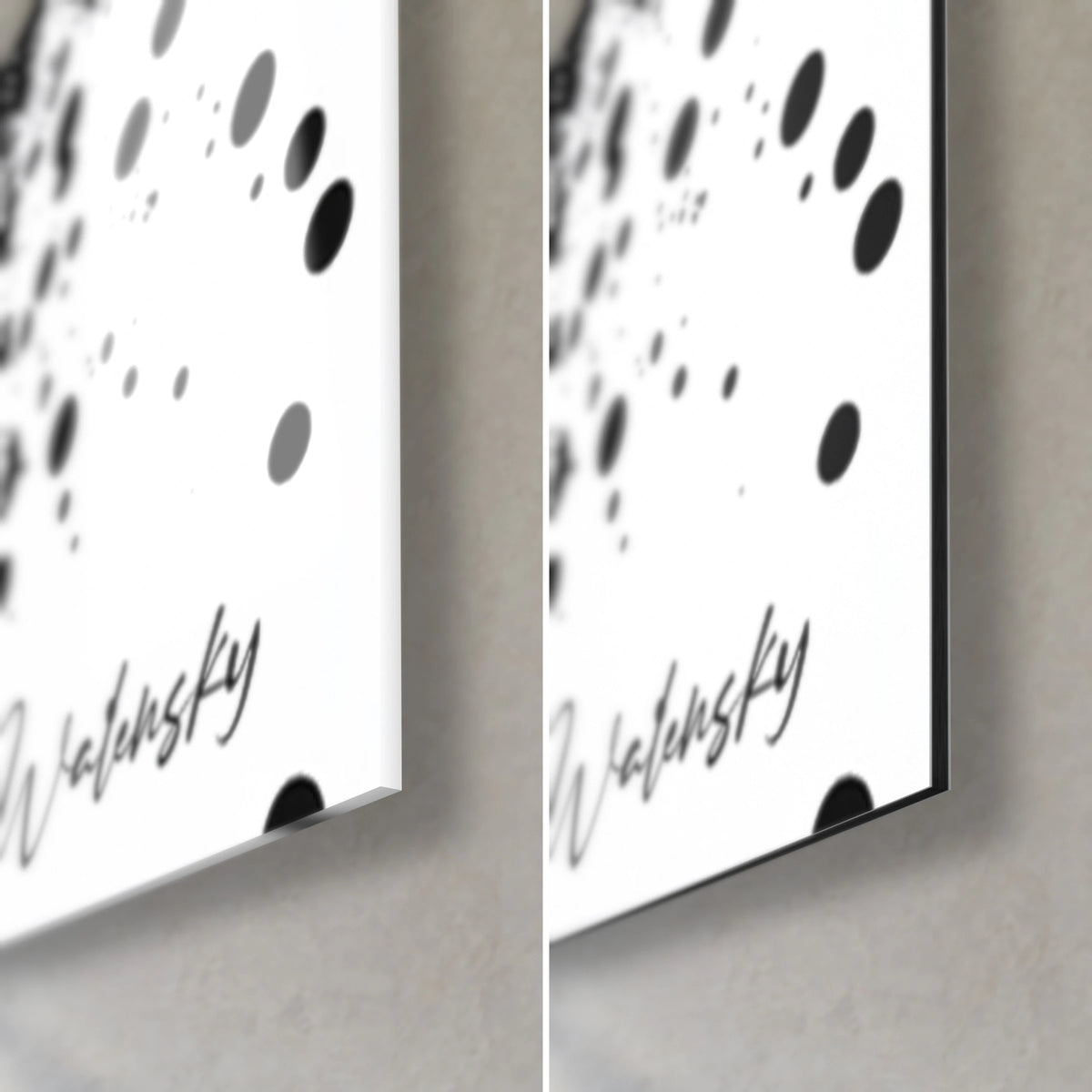Wall art black ink circle, bottom right corner: glossy glass with reflections on the left, matte Dibond on the right, 3 mm edge, black signature