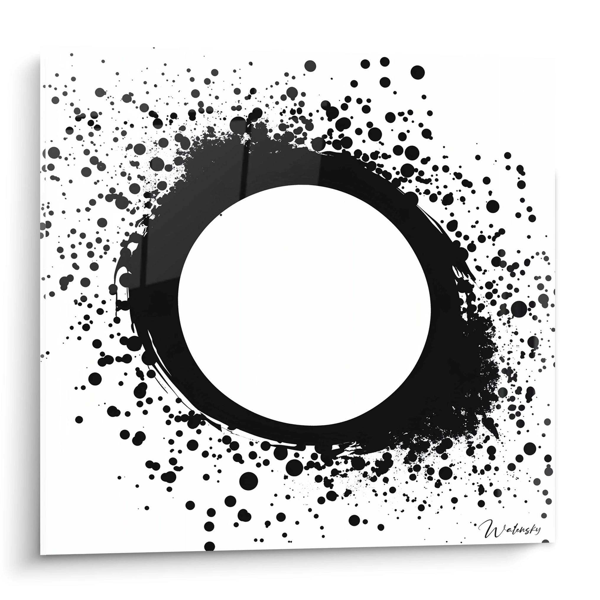 Tableau tacheté noir et blanc de Walensky avec un cercle central vide pour décor moderne