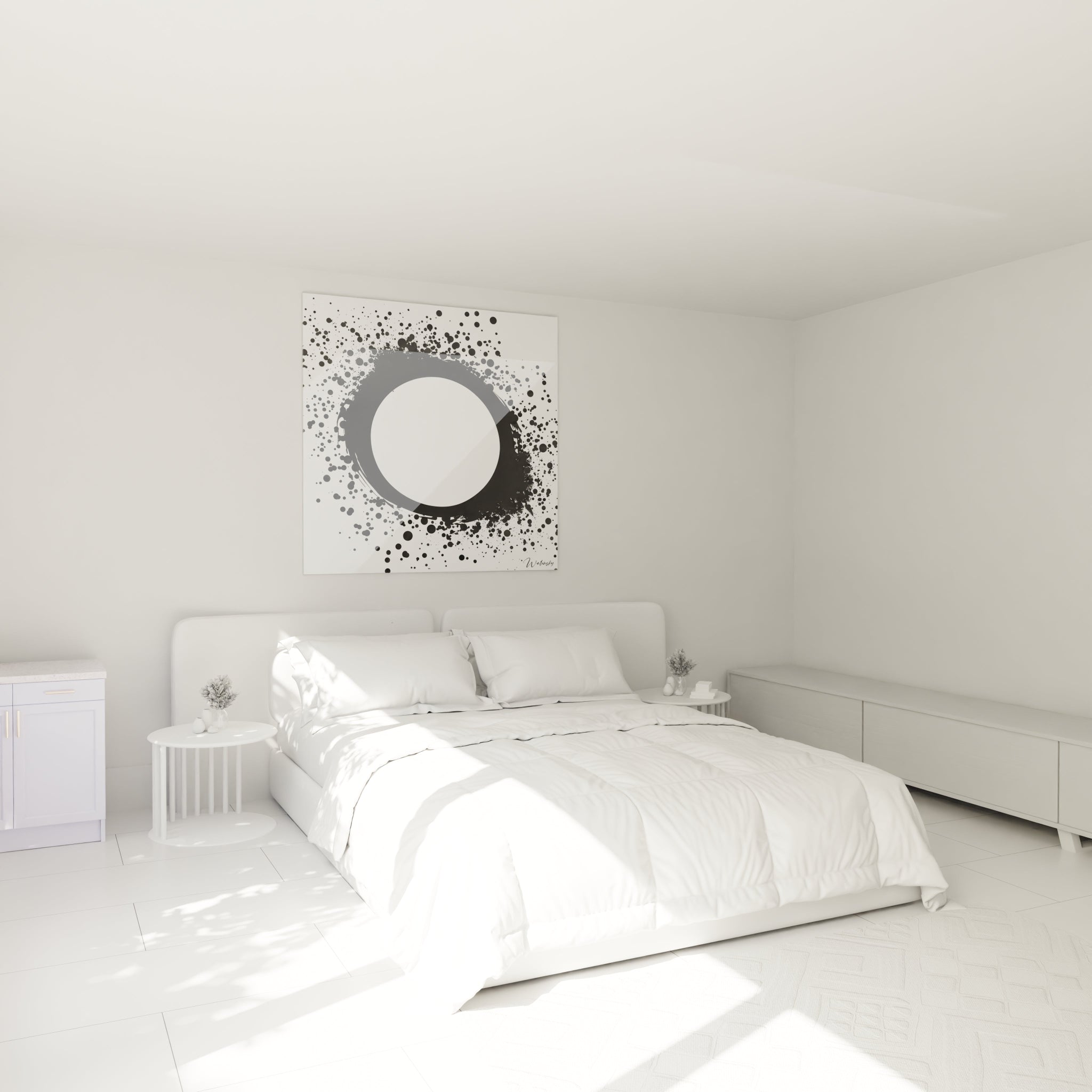 Tableau tacheté noir et blanc de Walensky accroché au mur d'une chambre moderne