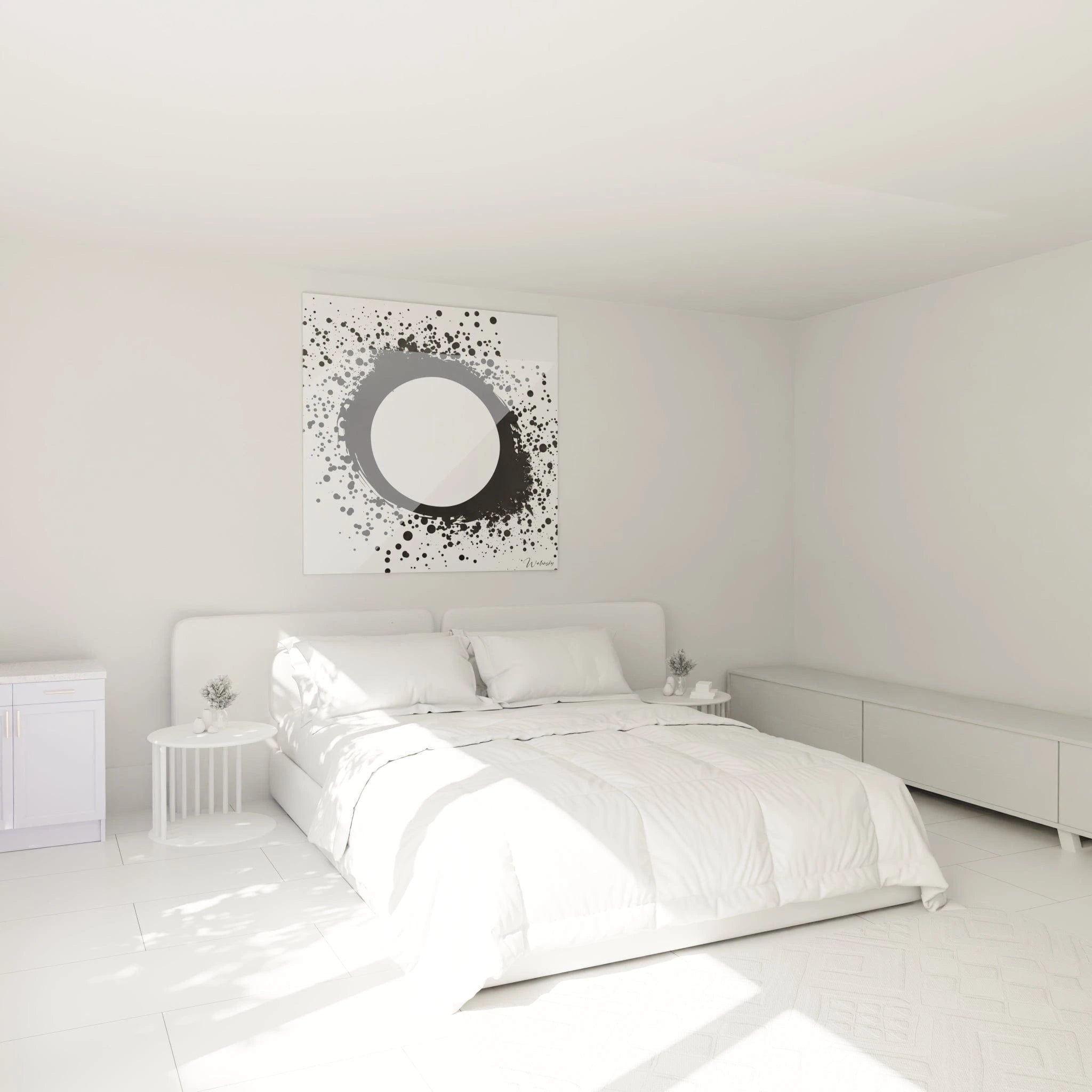 Tableau tacheté noir et blanc de Walensky accroché au mur d'une chambre moderne