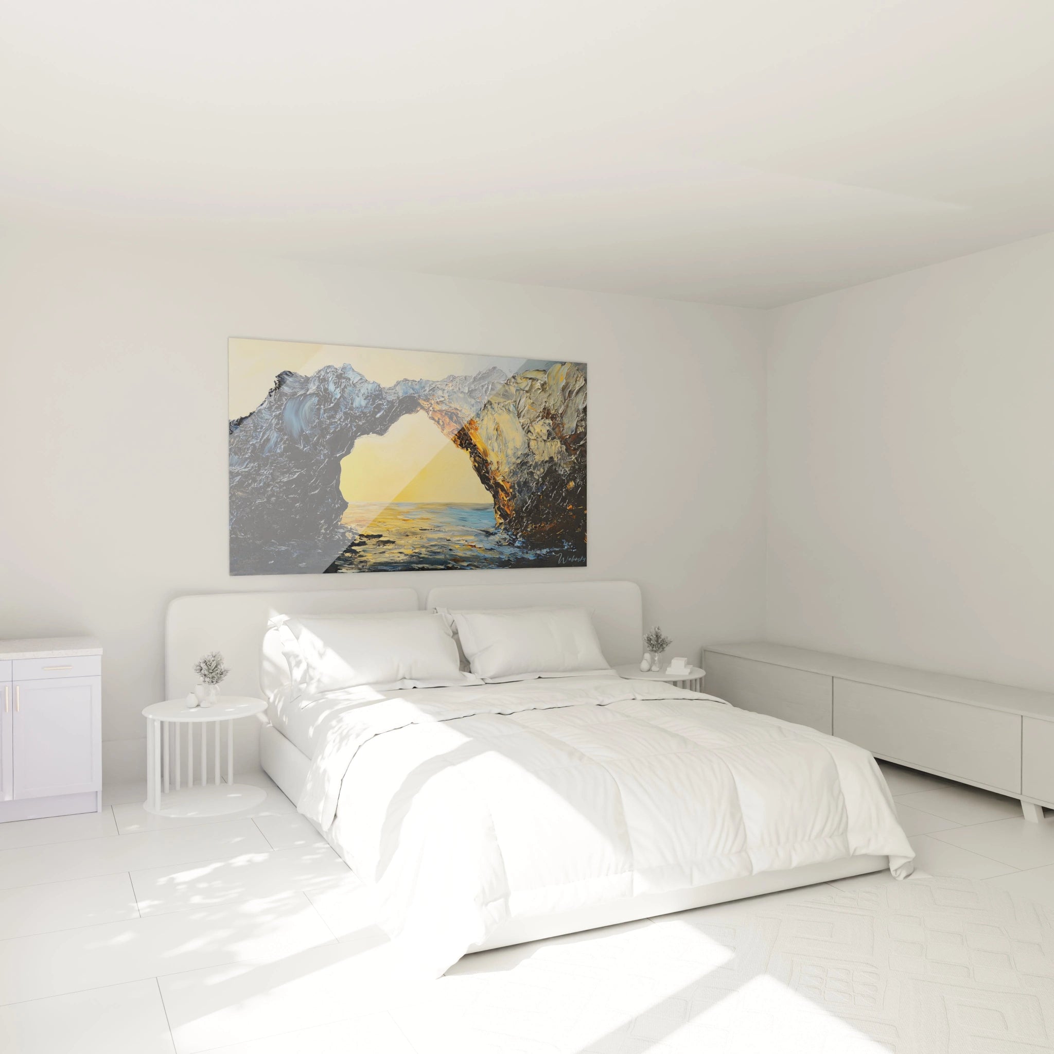Un tableau mer montrant un portail naturel formé par des rochers texturés aux teintes bleu-noir, encadrant un horizon doré et un océan scintillant, réalisé avec d'épais empâtements créant une sensation tridimensionnelle et un contraste saisissant entre ombre et lumière.

