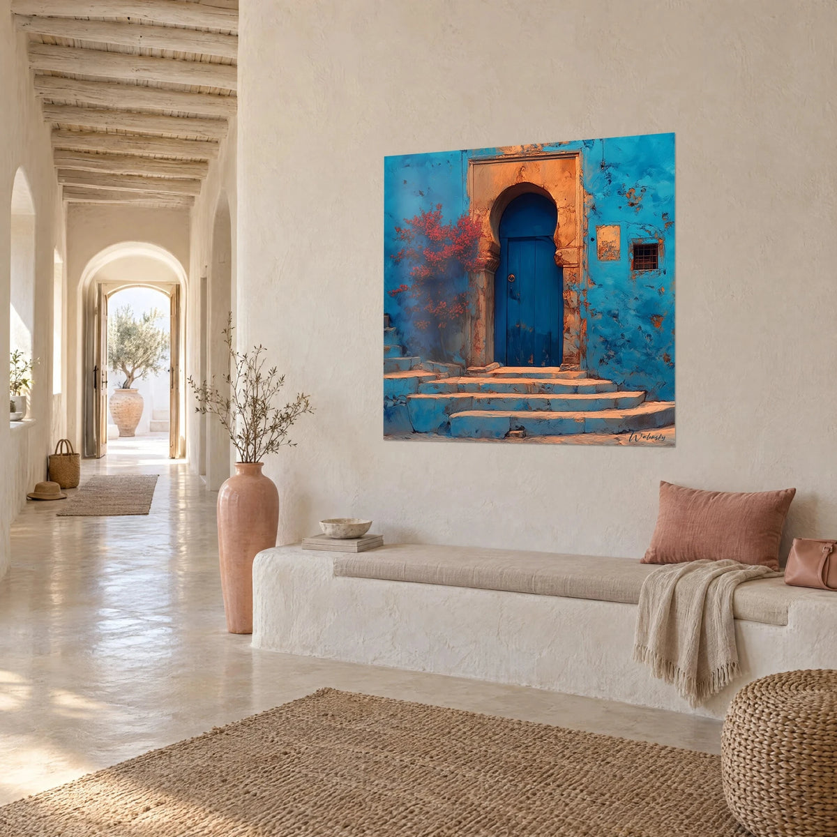 Wall art arched indigo doorway framed in orange stone, three pale steps and carmine bougainvillea, three-quarter view, vaulted passage