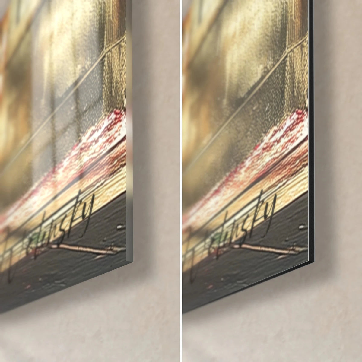Obraz kwiatowy mural w fuksji i czerwieni na błyszczącym szkle akrylowym po lewej, matowe aluminium Dibond po prawej, krawędź 3 mm