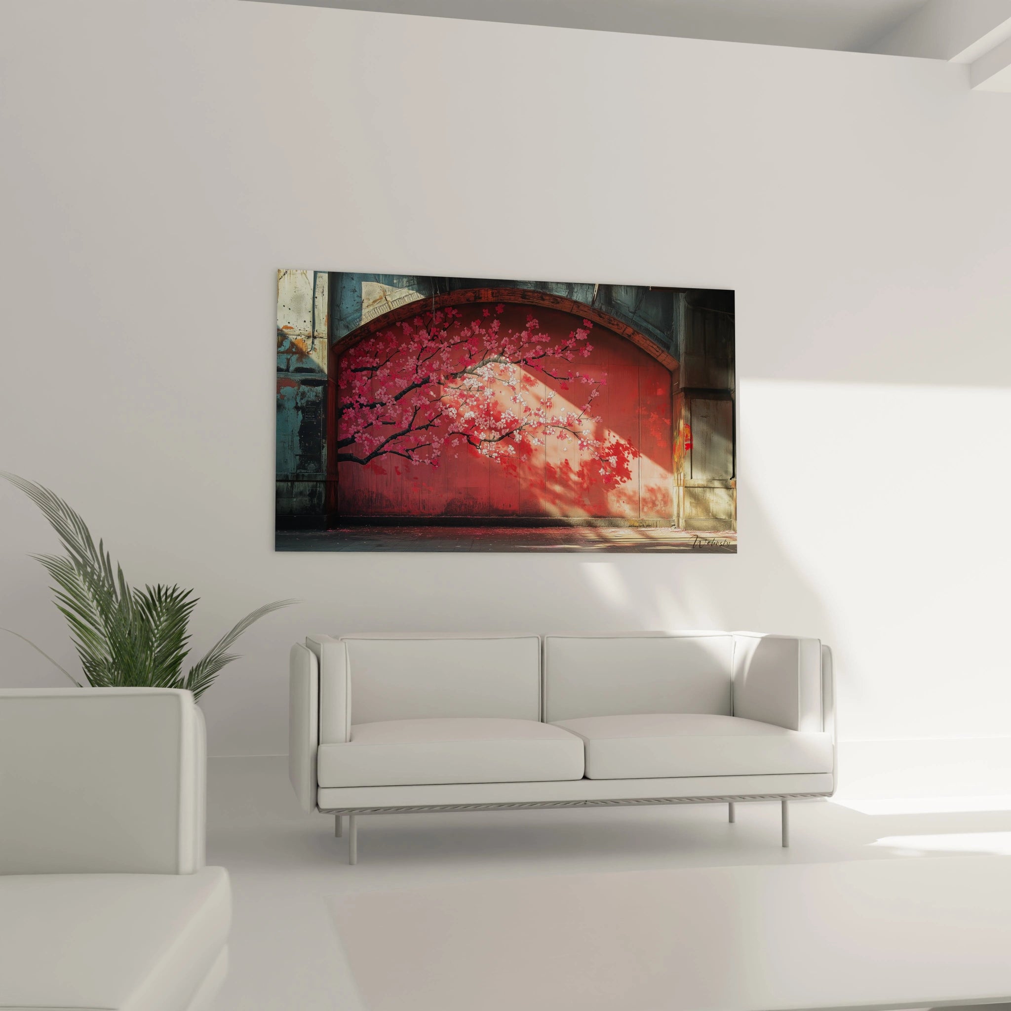 Tableau urbain montrant une arche ancienne illuminée par la lumière du soleil, où un cerisier en fleurs rose vif se détache contre un fond rouge-orangé, avec des textures murales patinées et des jeux d'ombre dramatiques.
