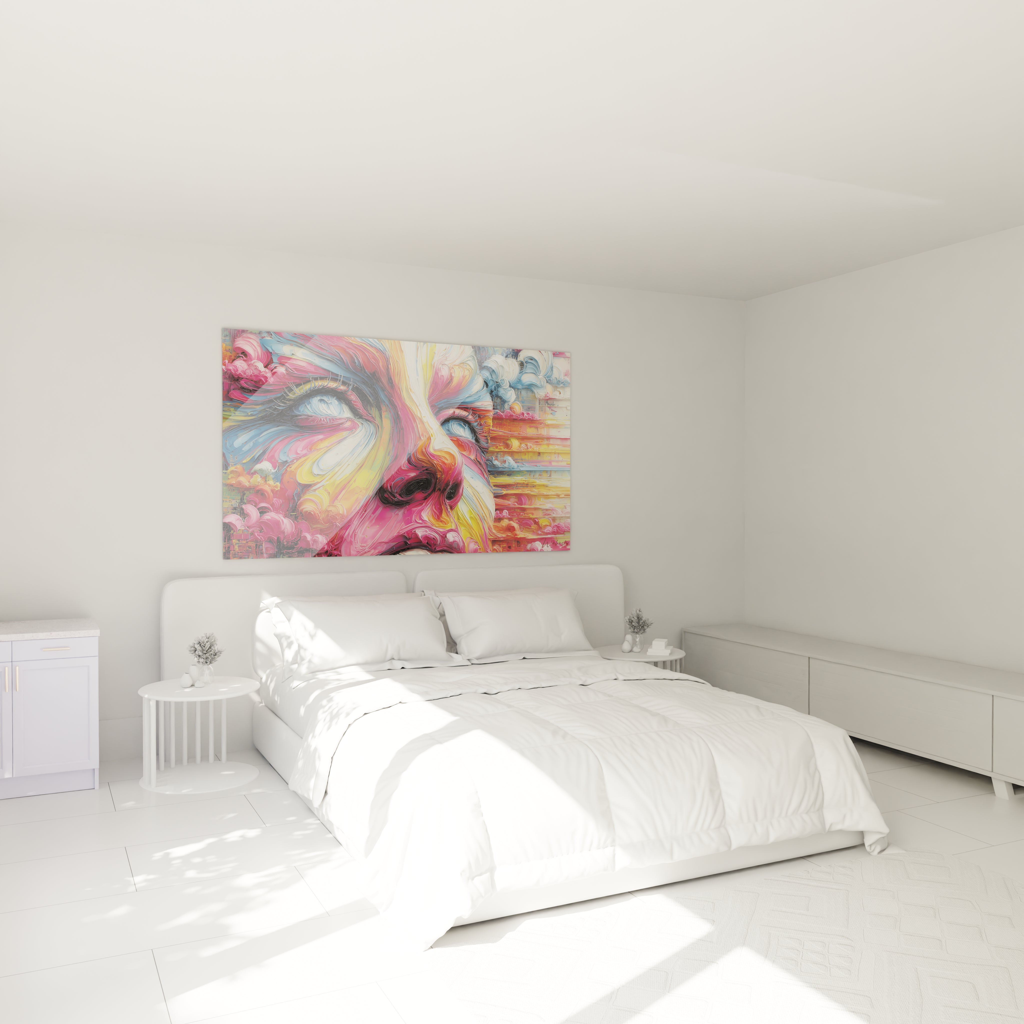 Tableau décoratif visage abstrait coloré installé dans chambre moderne ambiance contemporaine