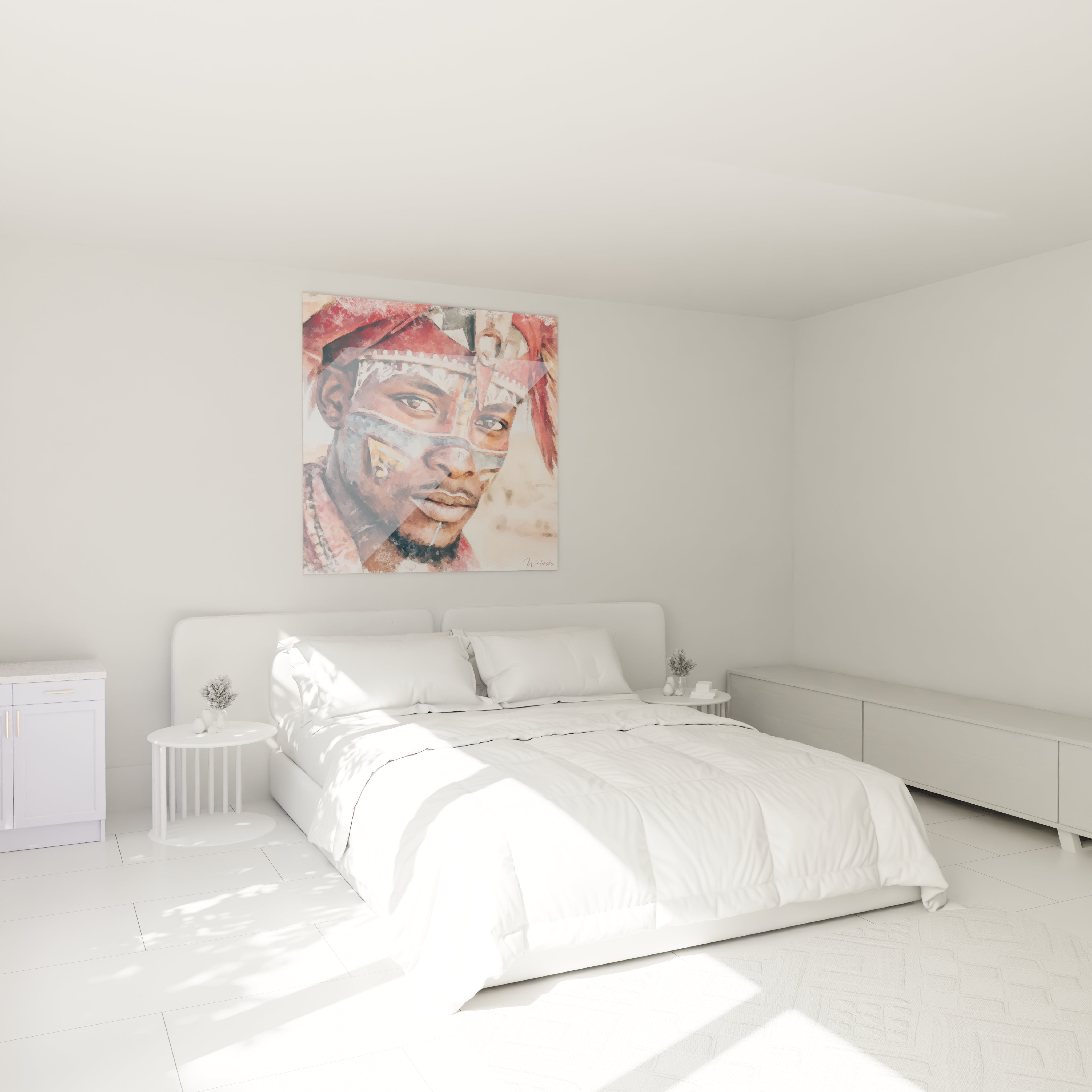 Tableau mural portrait africain de Walensky dans une chambre minimaliste avec lit lumineux