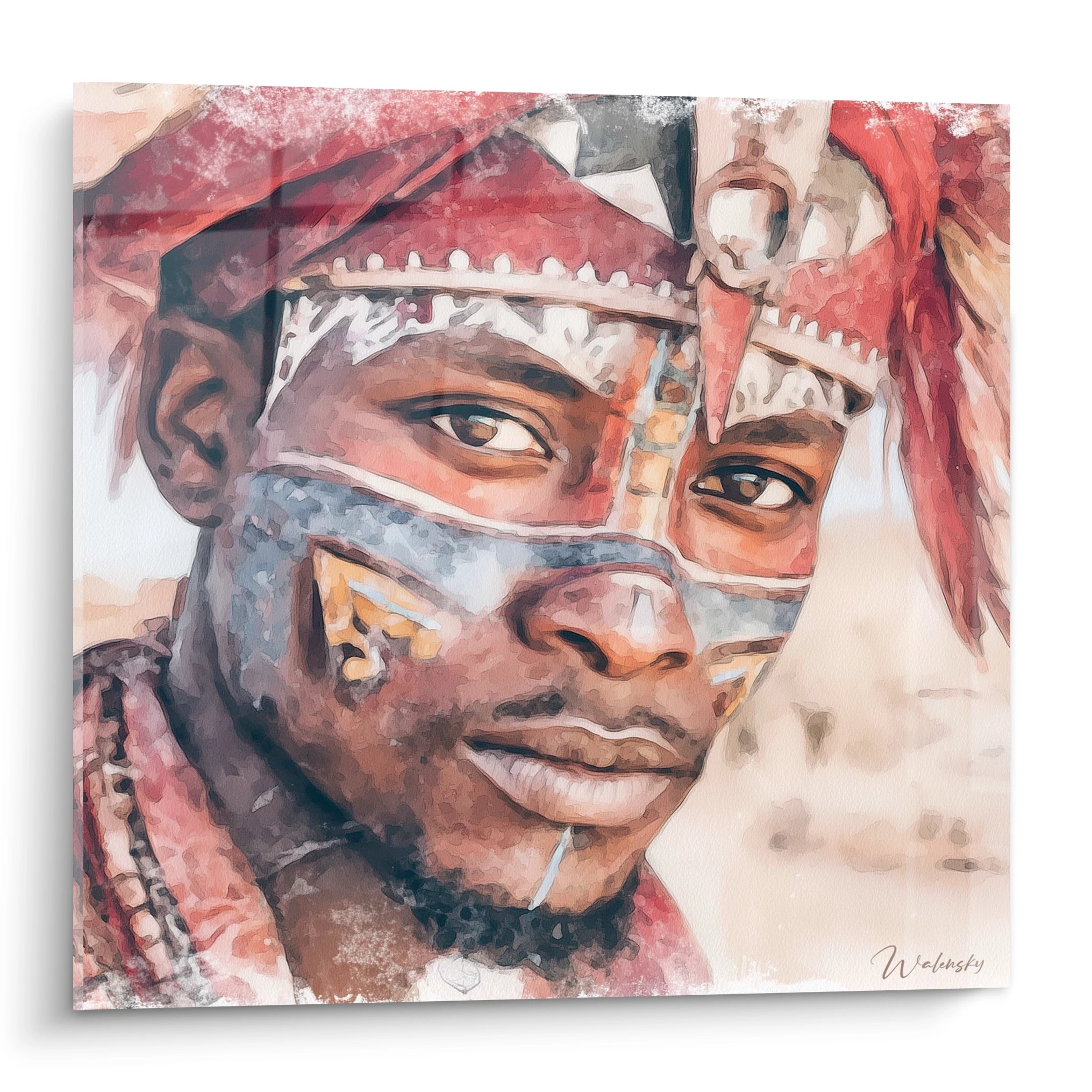 Tableau portrait africain d'un homme avec des peintures faciales colorées et un accessoire traditionnel
