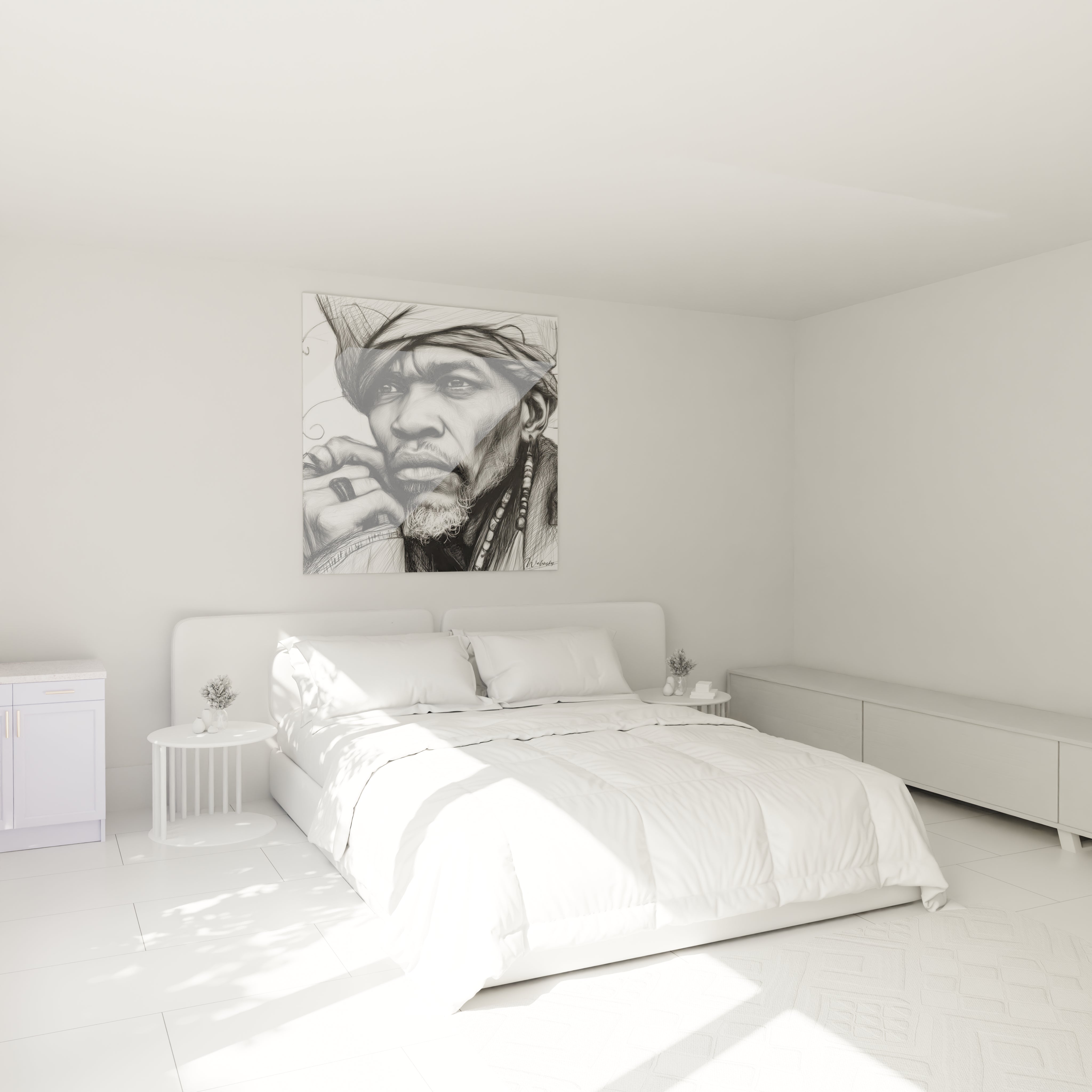 Tableau mural portrait africain contemporain de Walensky affiché au-dessus d'un lit dans une chambre moderne