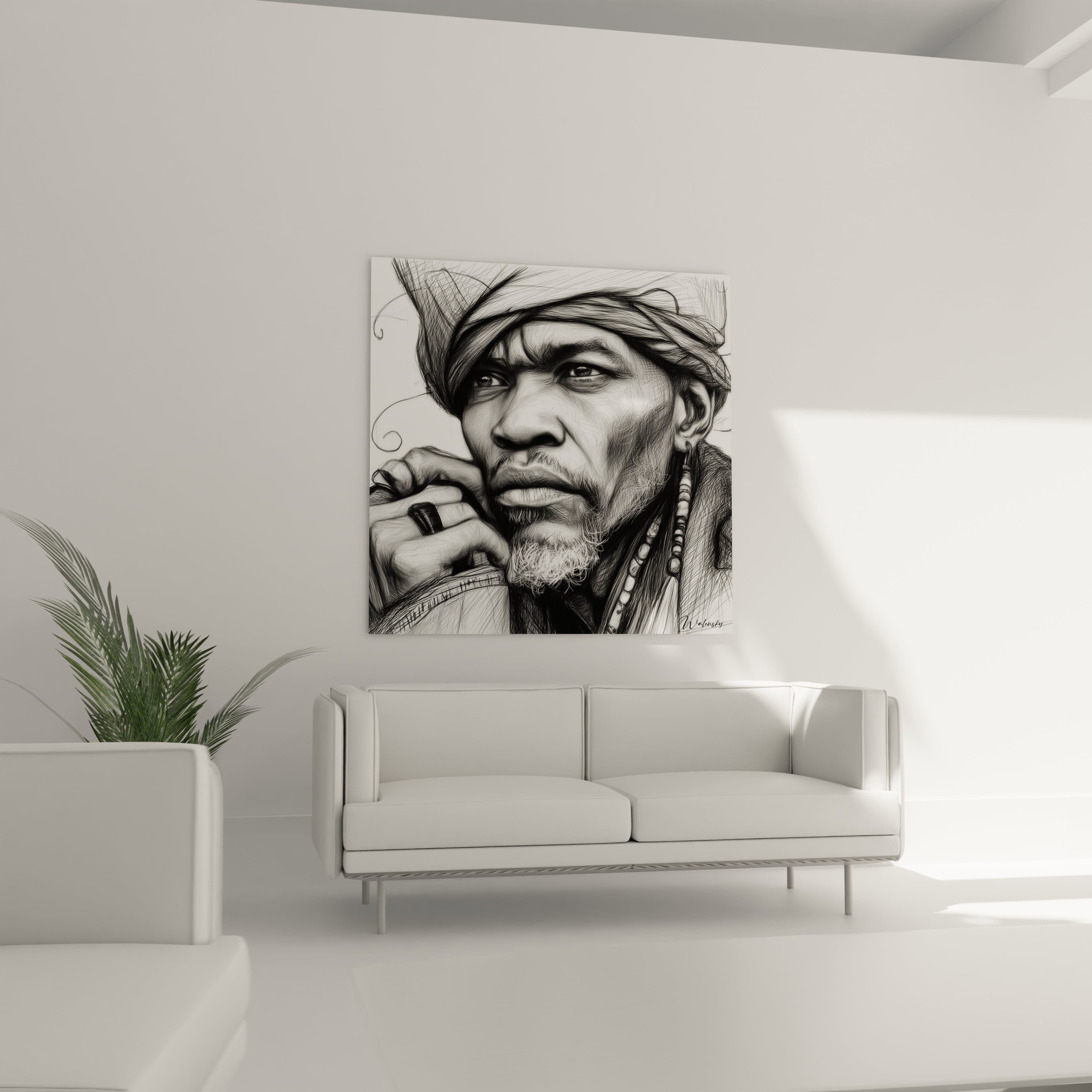 Tableau portrait africain contemporain de Walensky accroché au mur au-dessus d'un canapé moderne