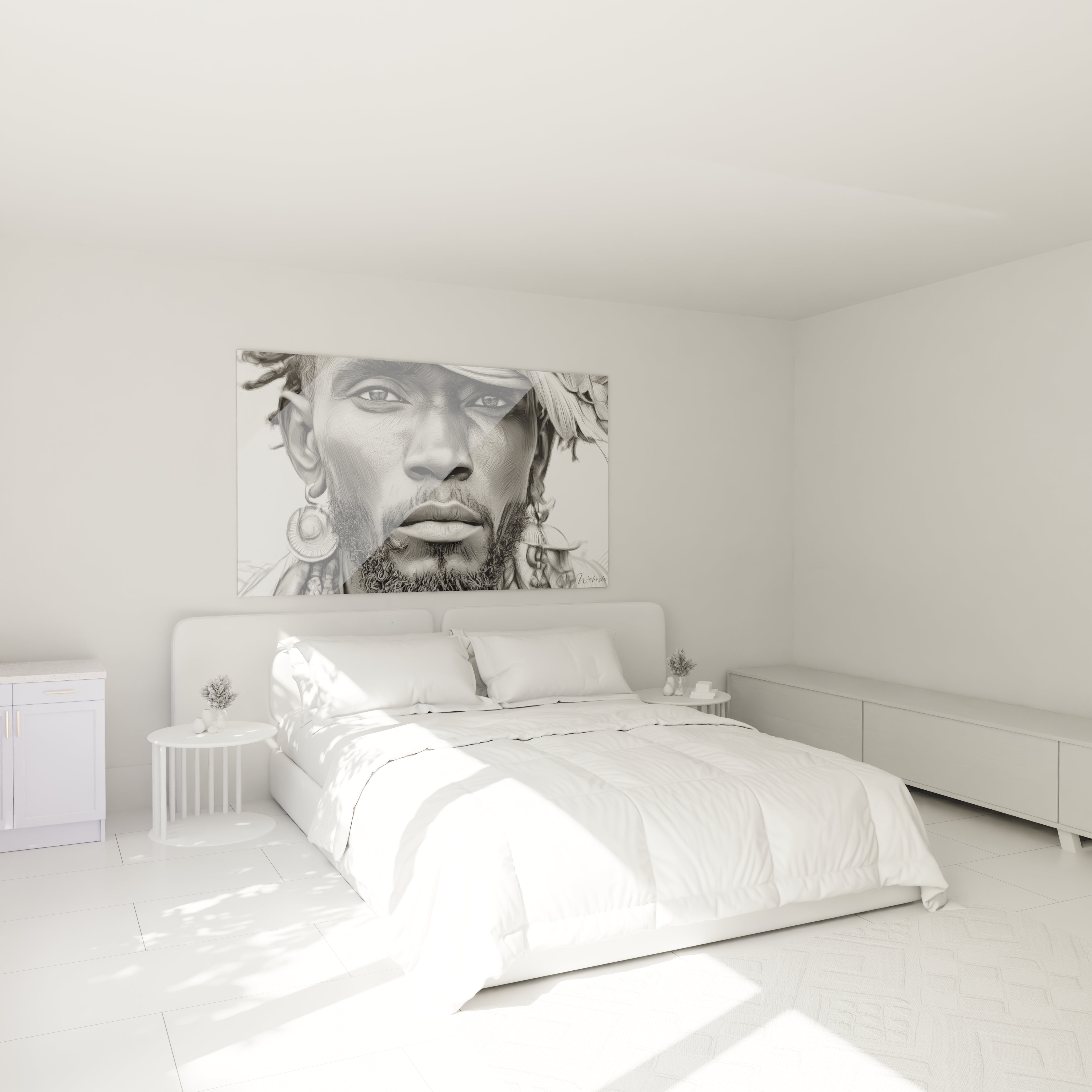 Tableau portrait africain décoration accroché au-dessus d'un lit dans une chambre lumineuse et moderne