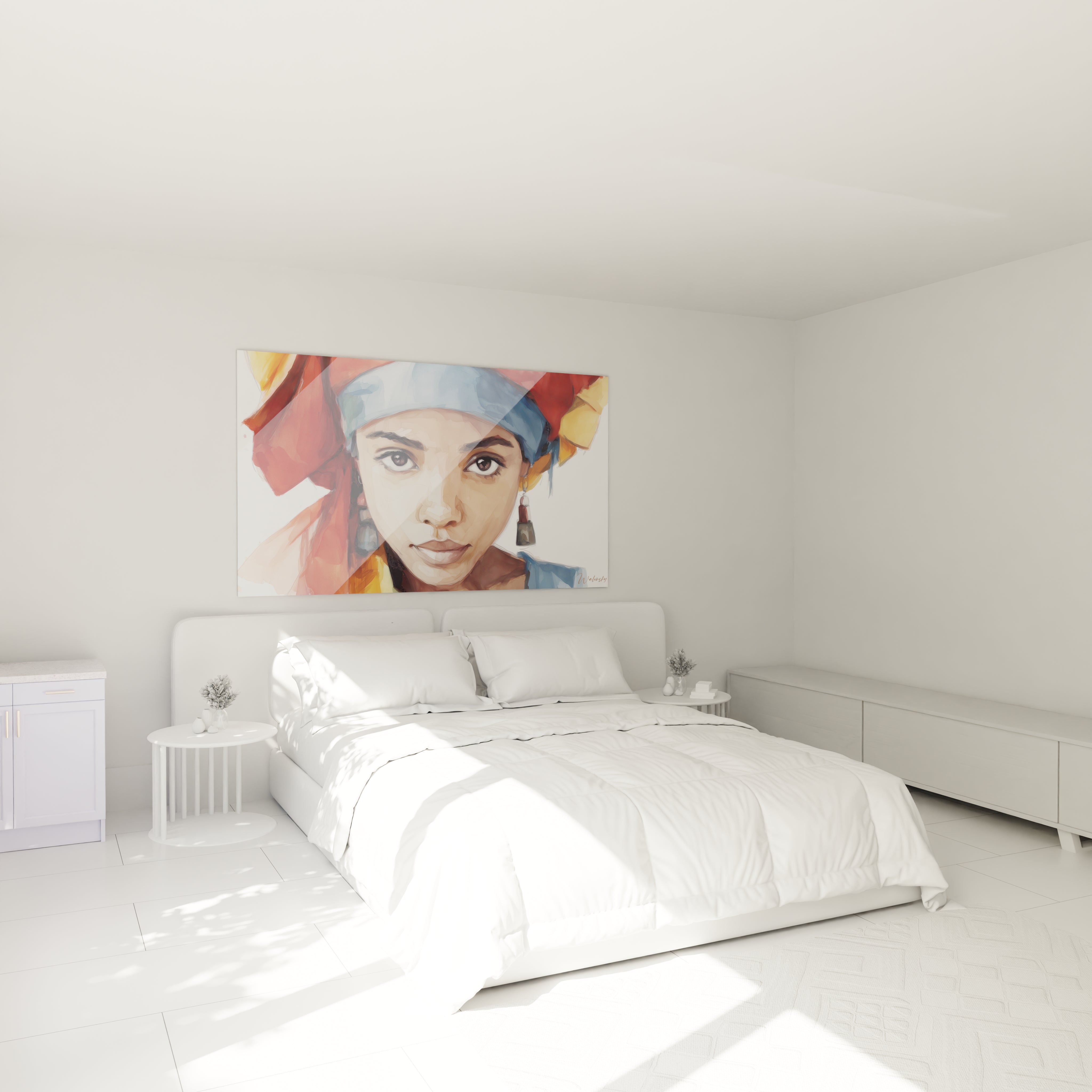 Tableau portrait africain moderne de Walensky accroché au-dessus d'un lit dans une chambre lumineuse