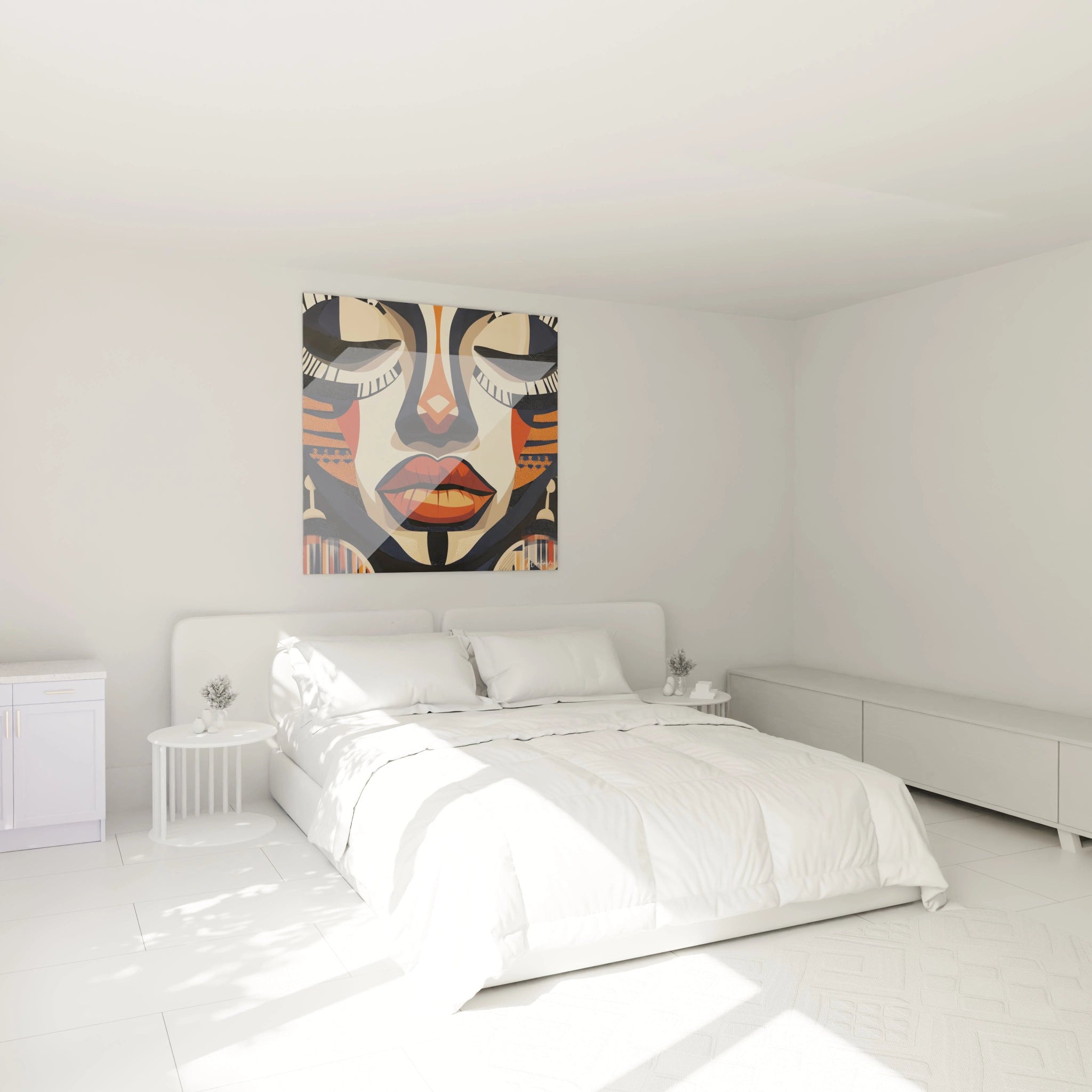 Tableau africain mural Walensky représentant des animaux aquatiques accroché dans une chambre lumineuse au décor blanc