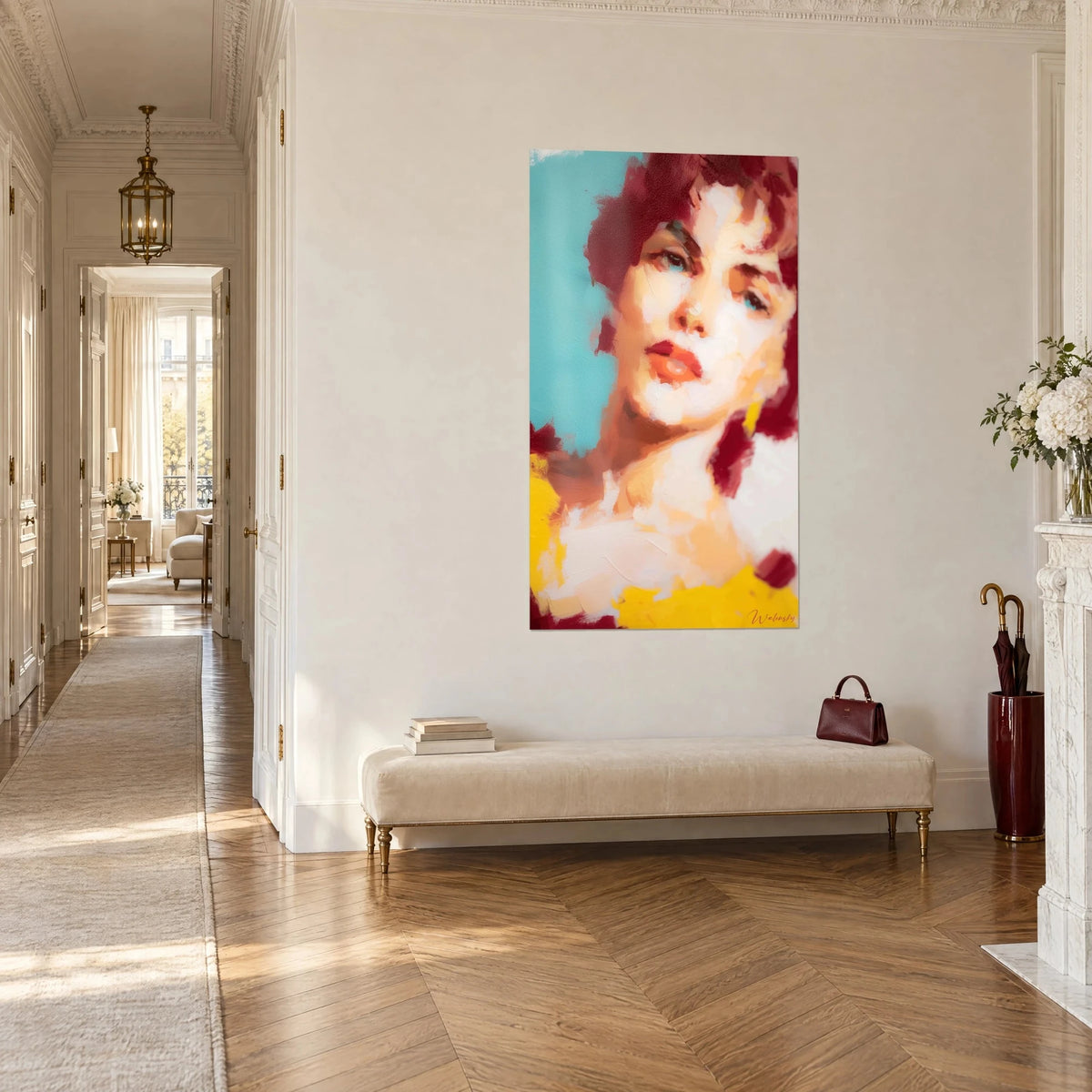 Wall art impressionist portrait with cream and sunny yellow brushstrokes, turquoise blue background, parquet Haussmann hallway