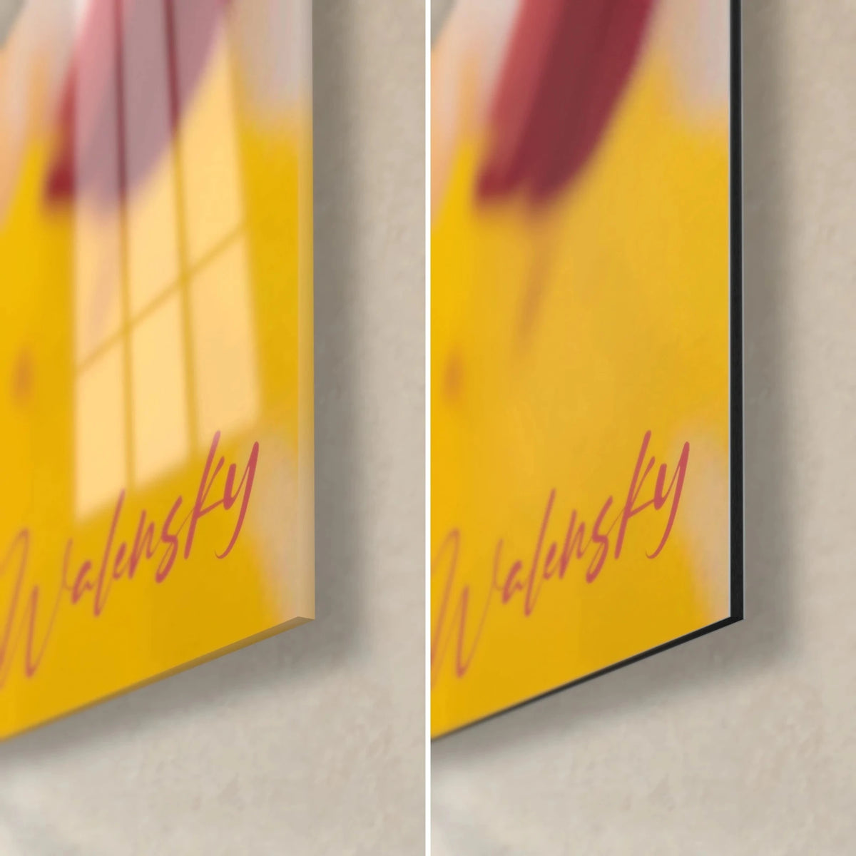 Wall art woman's gaze painted in turquoise, red and bright yellow touches, lower right corner between glossy glass and matt Dibond